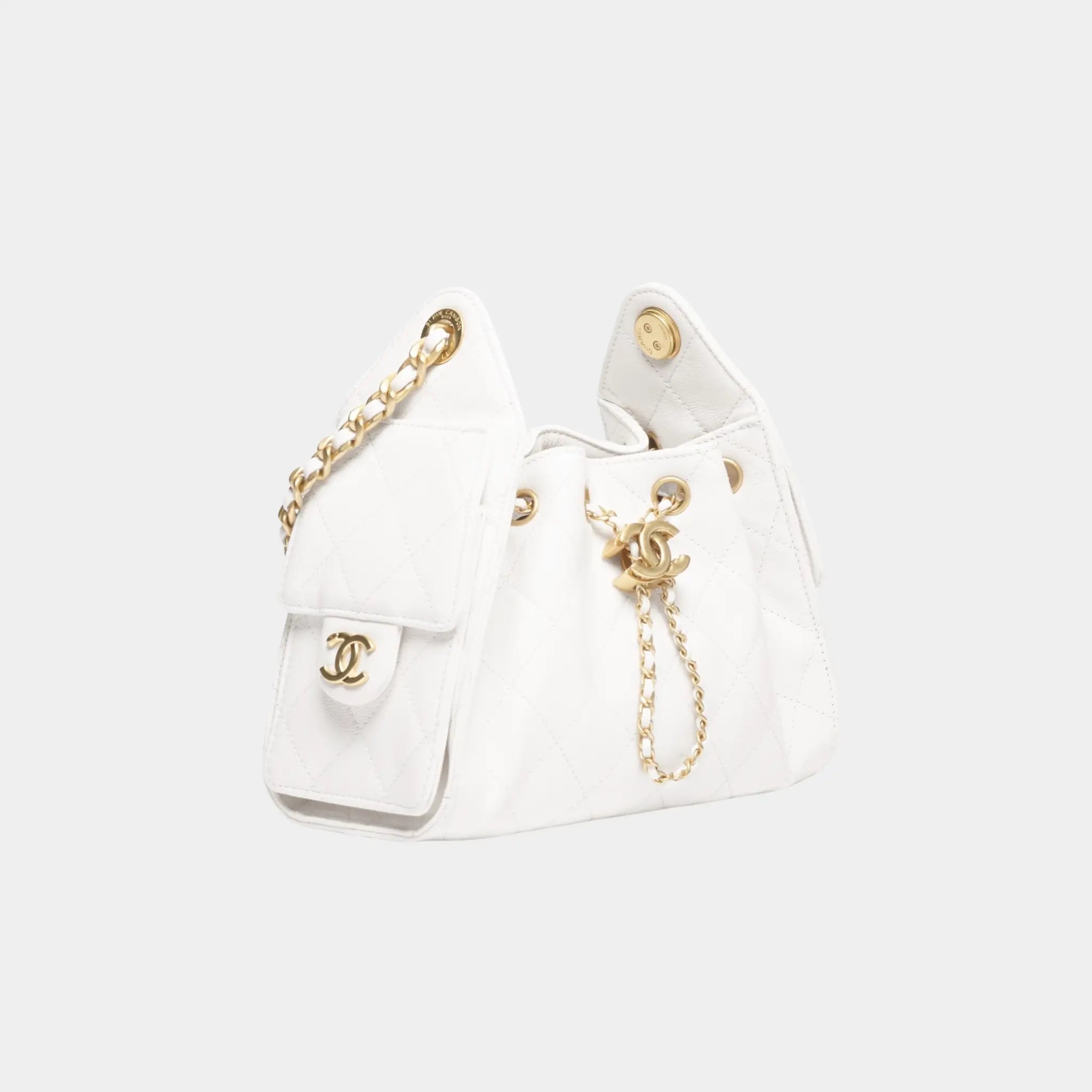 Chanel 25 Mini Handbag in Grained Calfskin &amp; Gold-Tone Metal, White, Side