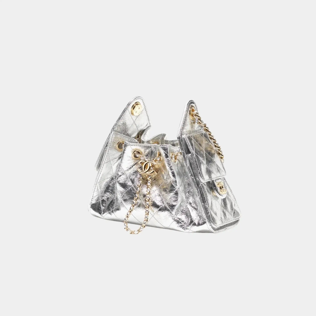 Chanel 25 Mini Handbag in Metallic Calfskin &amp; Gold Metal, Silver, Front