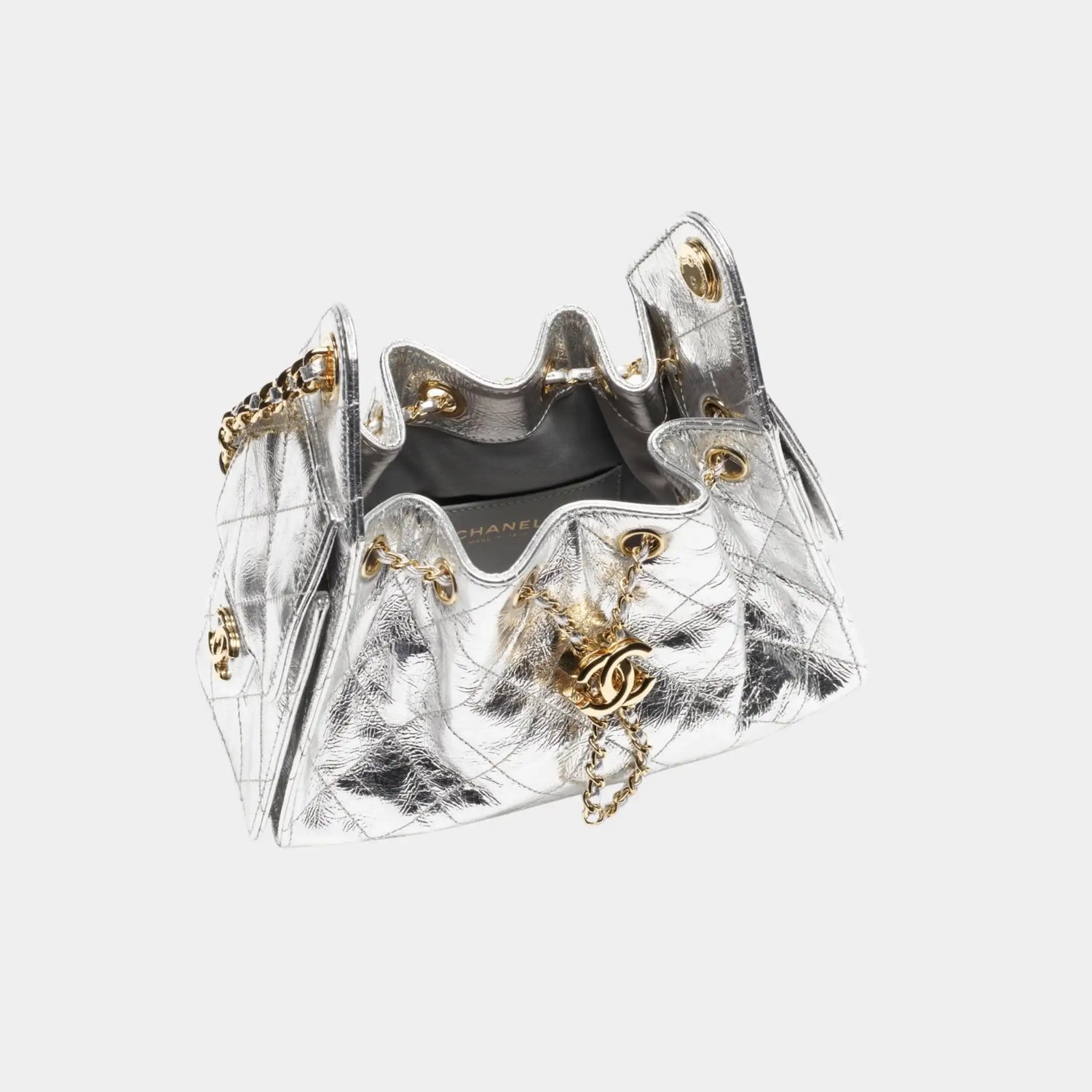 Chanel 25 Mini Handbag in Metallic Calfskin &amp; Gold Metal, Silver, Top