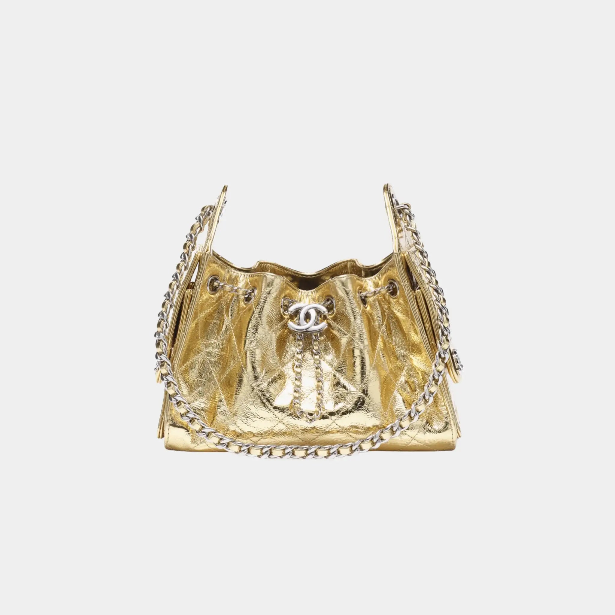 Chanel 25 Mini Handbag in Metallic Calfskin, Gold