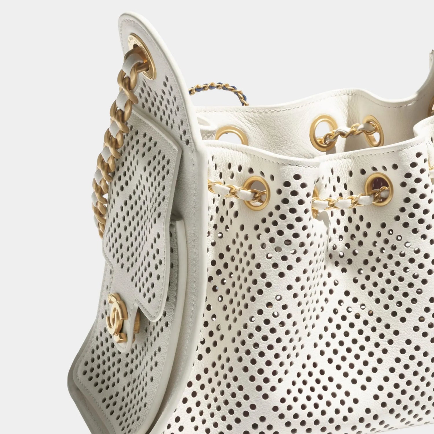 Chanel 25 Mini Handbag Perforated Calfskin &amp; Gold Tone Metal, closeup 