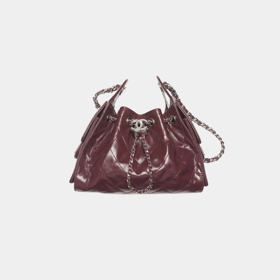 Chanel 25 Mini Handbag Shiny Crumpled Calfskin & Silver-Tone Metal, Dark Burgundy, Front