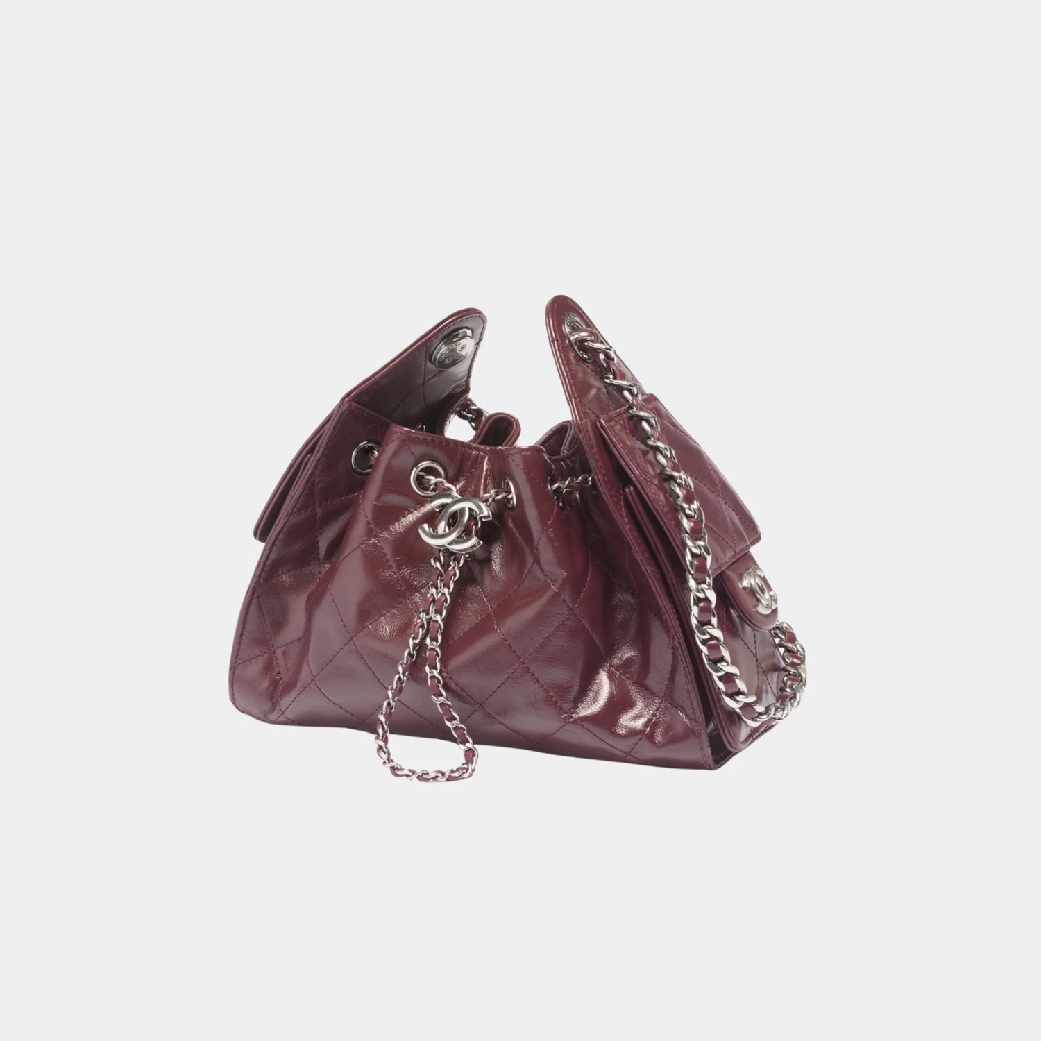 Chanel 25 Mini Handbag Shiny Crumpled Calfskin &amp; Silver-Tone Metal, Dark Burgundy, Side