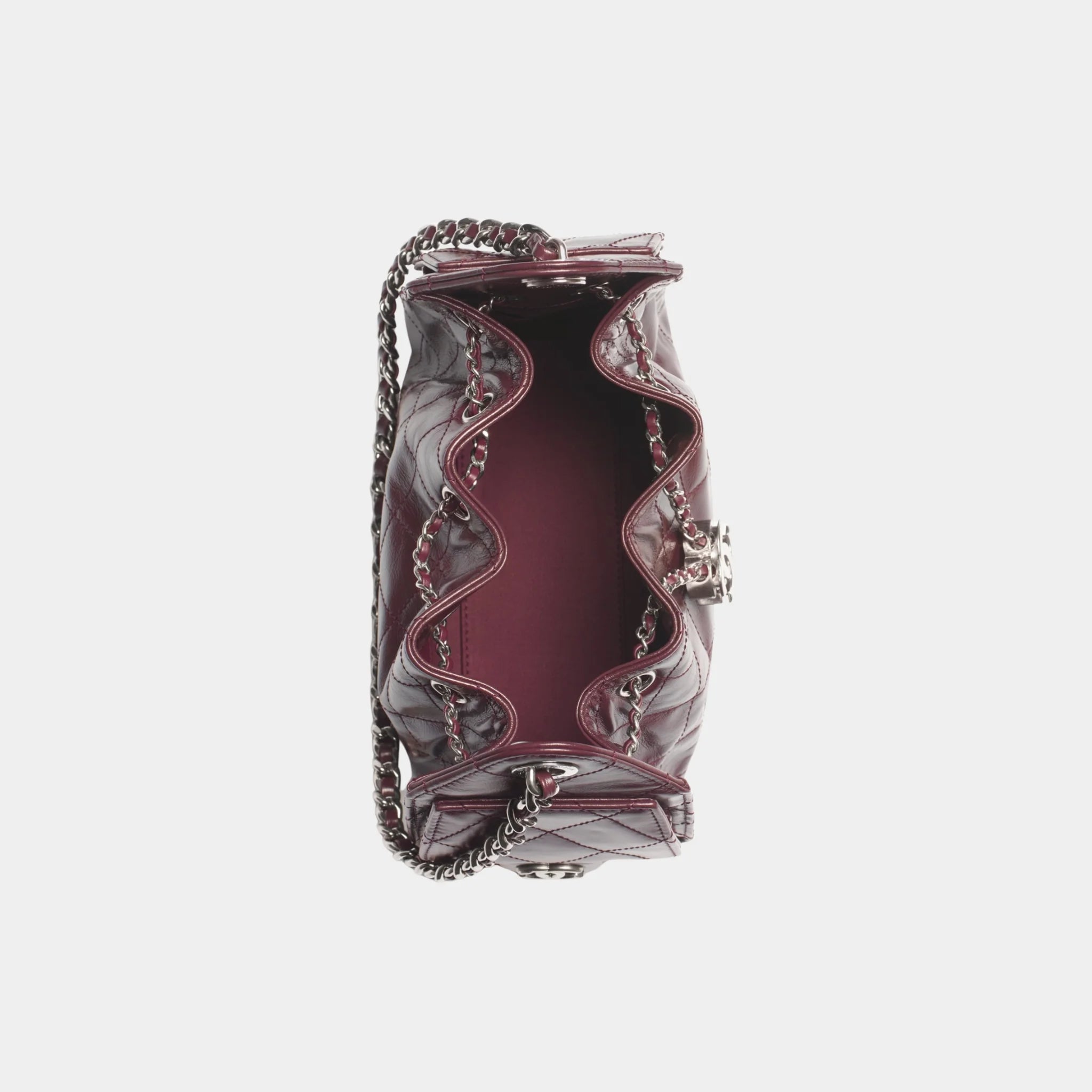Chanel 25 Mini Handbag Shiny Crumpled Calfskin &amp; Silver-Tone Metal, Dark Burgundy, Top