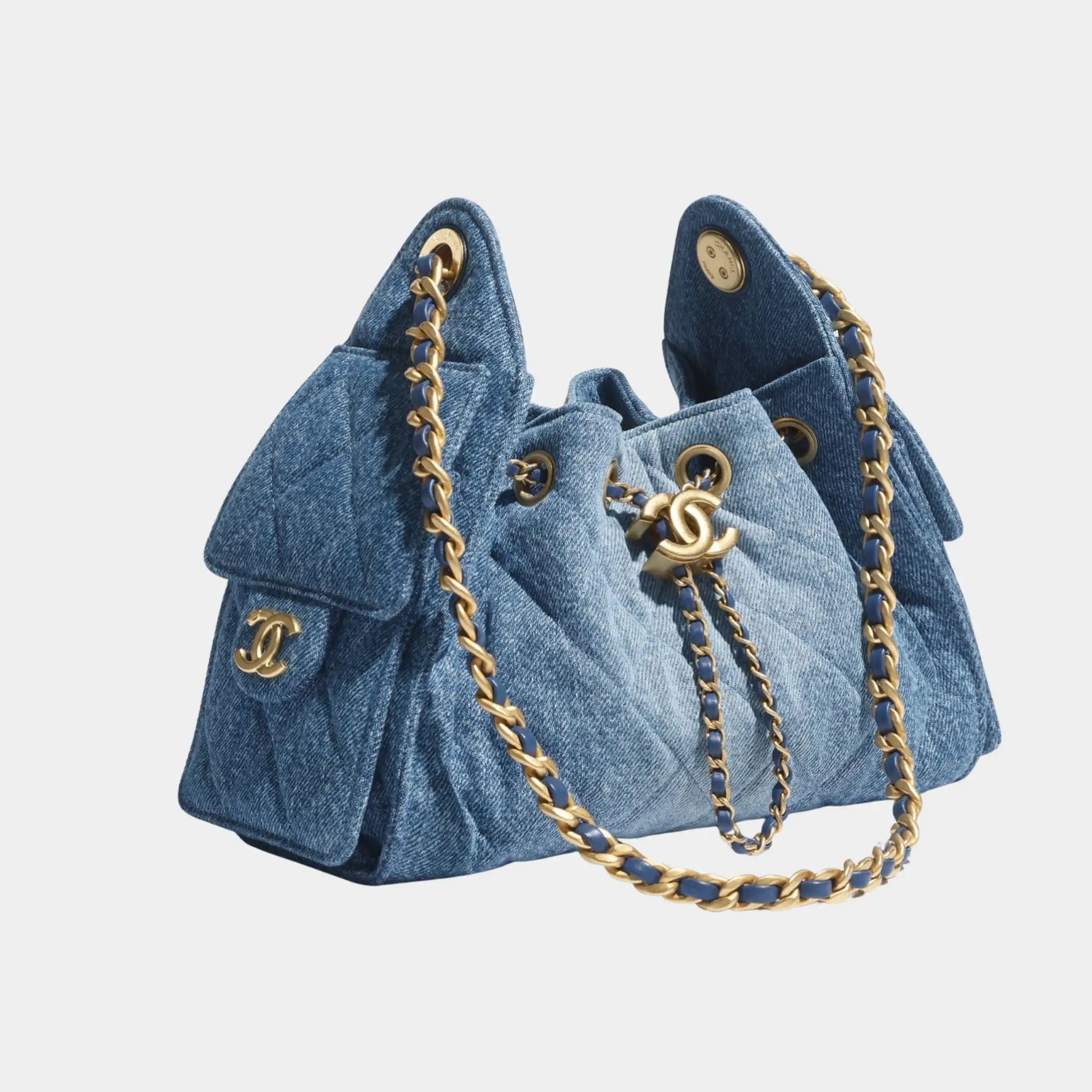 Chanel 25 Mini Handbag Washed Denim &amp; Gold Tone Metal, Blue, Side 