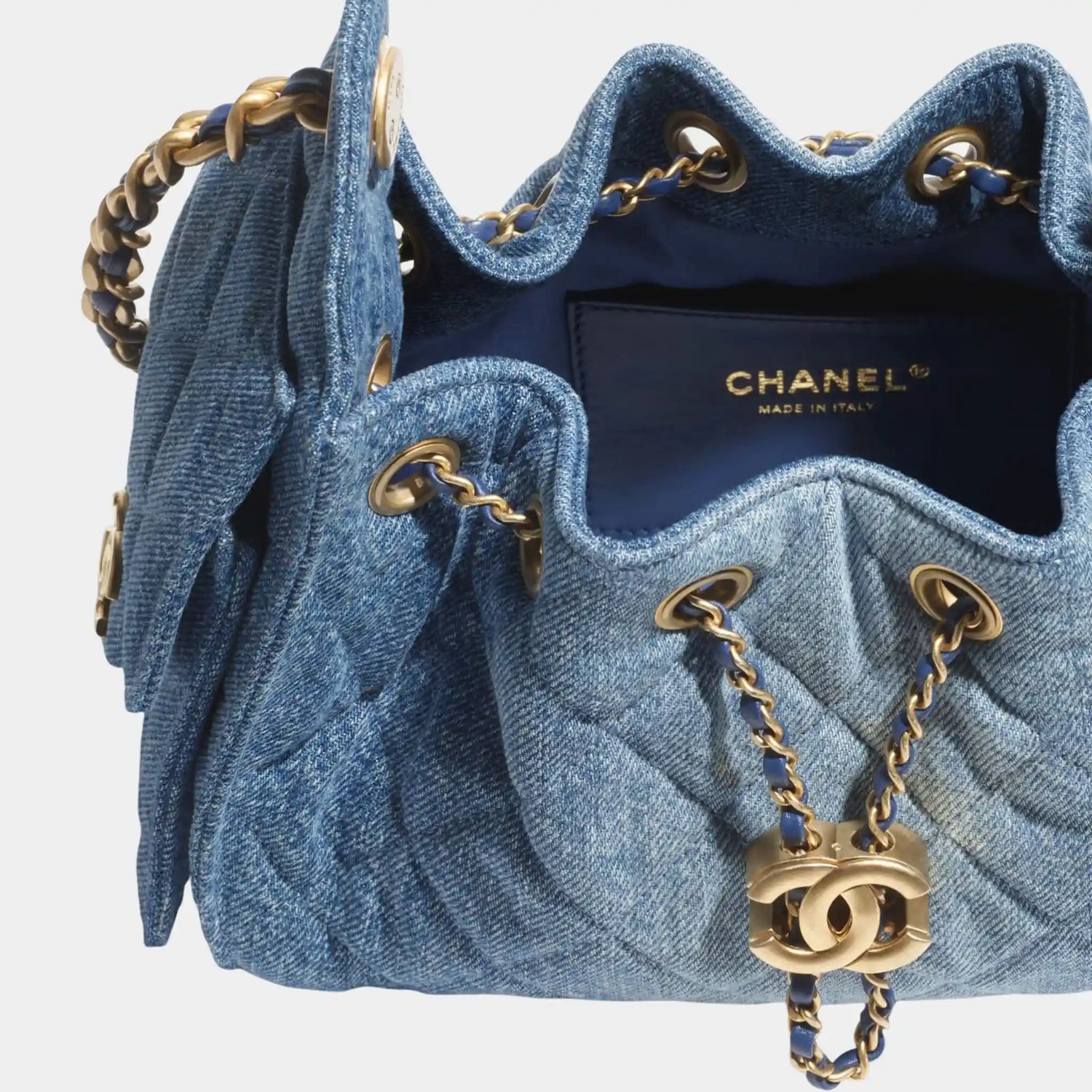 Chanel 25 Mini Handbag Washed Denim &amp; Gold Tone Metal, Blue,Top 
