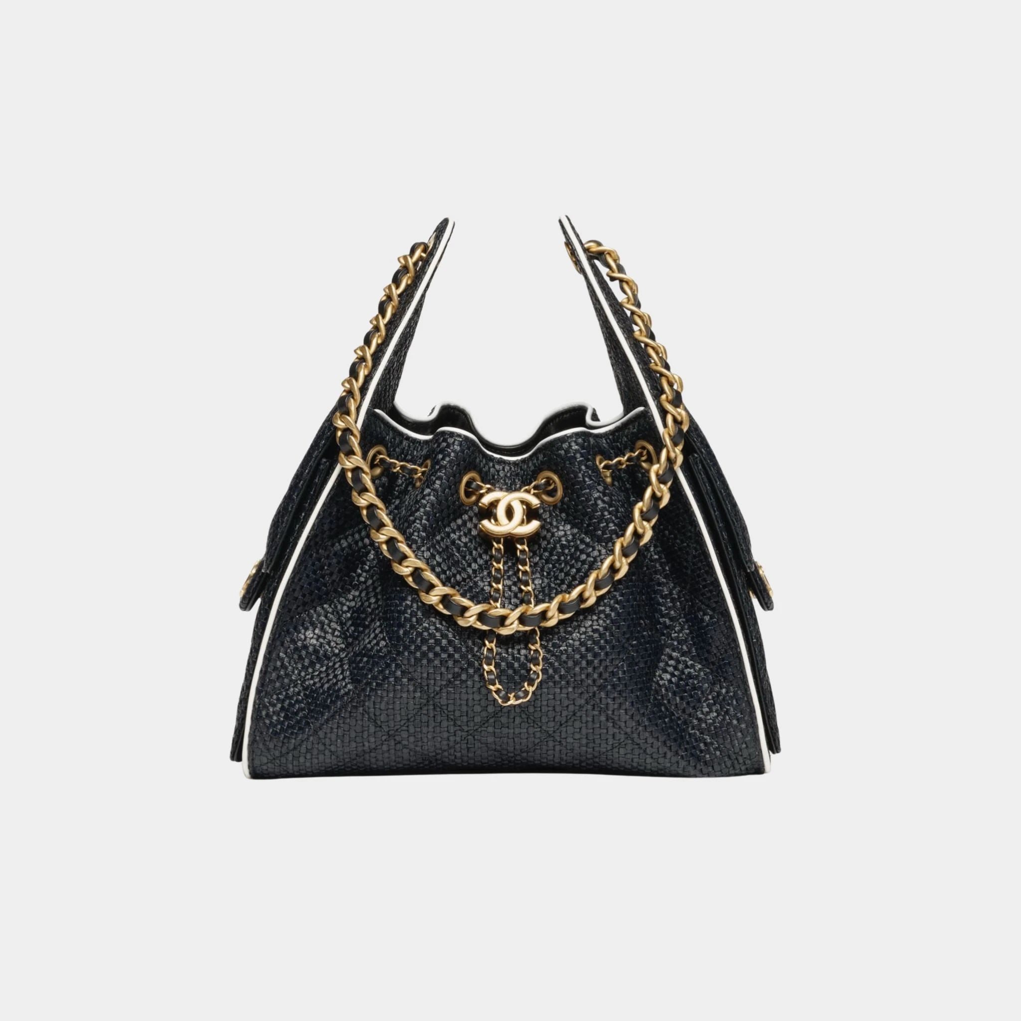Chanel 25 Small Handbag Braided Raffia Calfskin & Gold Tone Metal