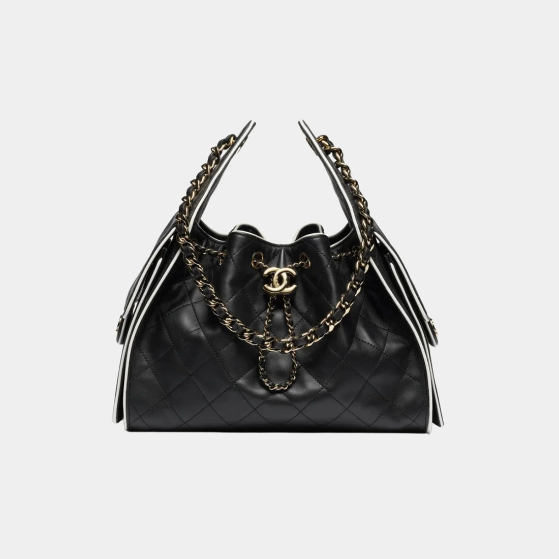Chanel 25 Small Handbag Calfskin &amp; Gold-Tone Metal Black &amp; White, Front