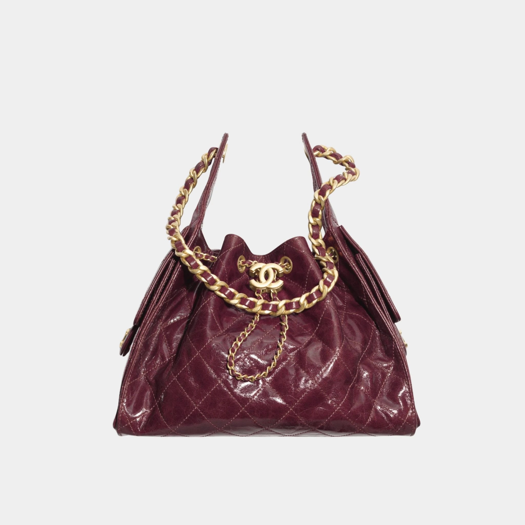 Chanel 25 Small Handbag Calfskin &amp; Gold Tone Metal, shint grained calskin, burgundy 