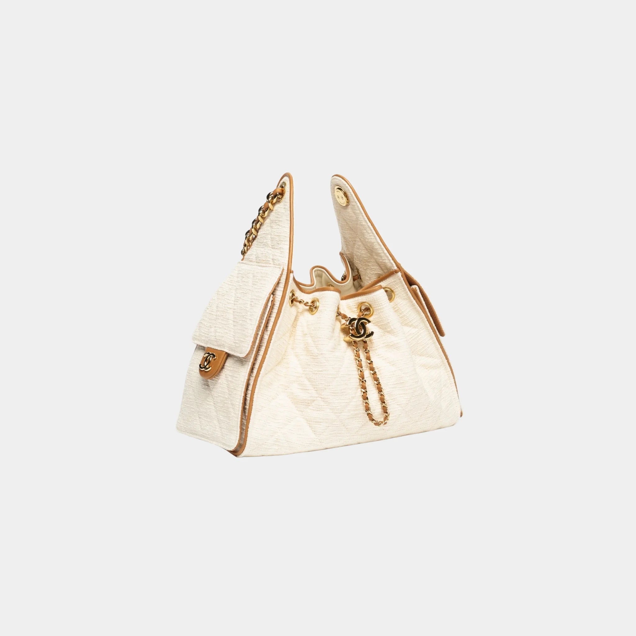 Chanel 25 Small Handbag Canvas Calfskin &amp; Gold-Tone Metal, Ecru Camel, Side