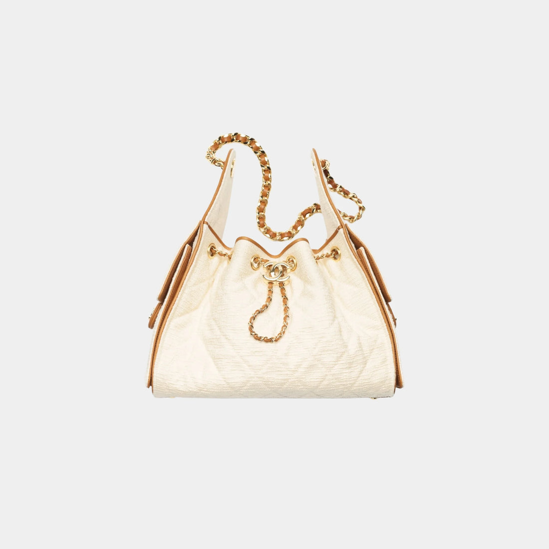 Chanel 25 Small Handbag Canvas Calfskin & Gold-Tone Metal, Ecru Camel, Front