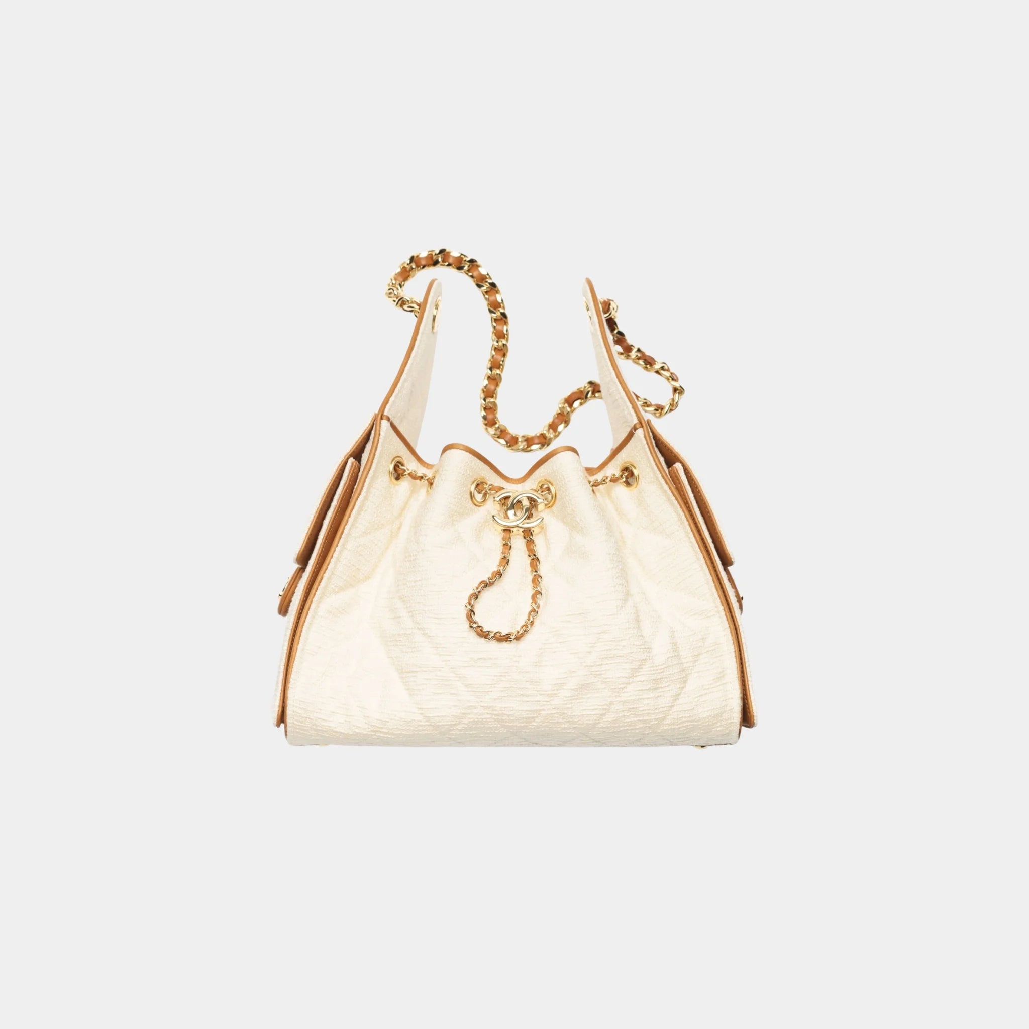 Chanel 25 Small Handbag Canvas Calfskin &amp; Gold-Tone Metal, Ecru Camel, Front