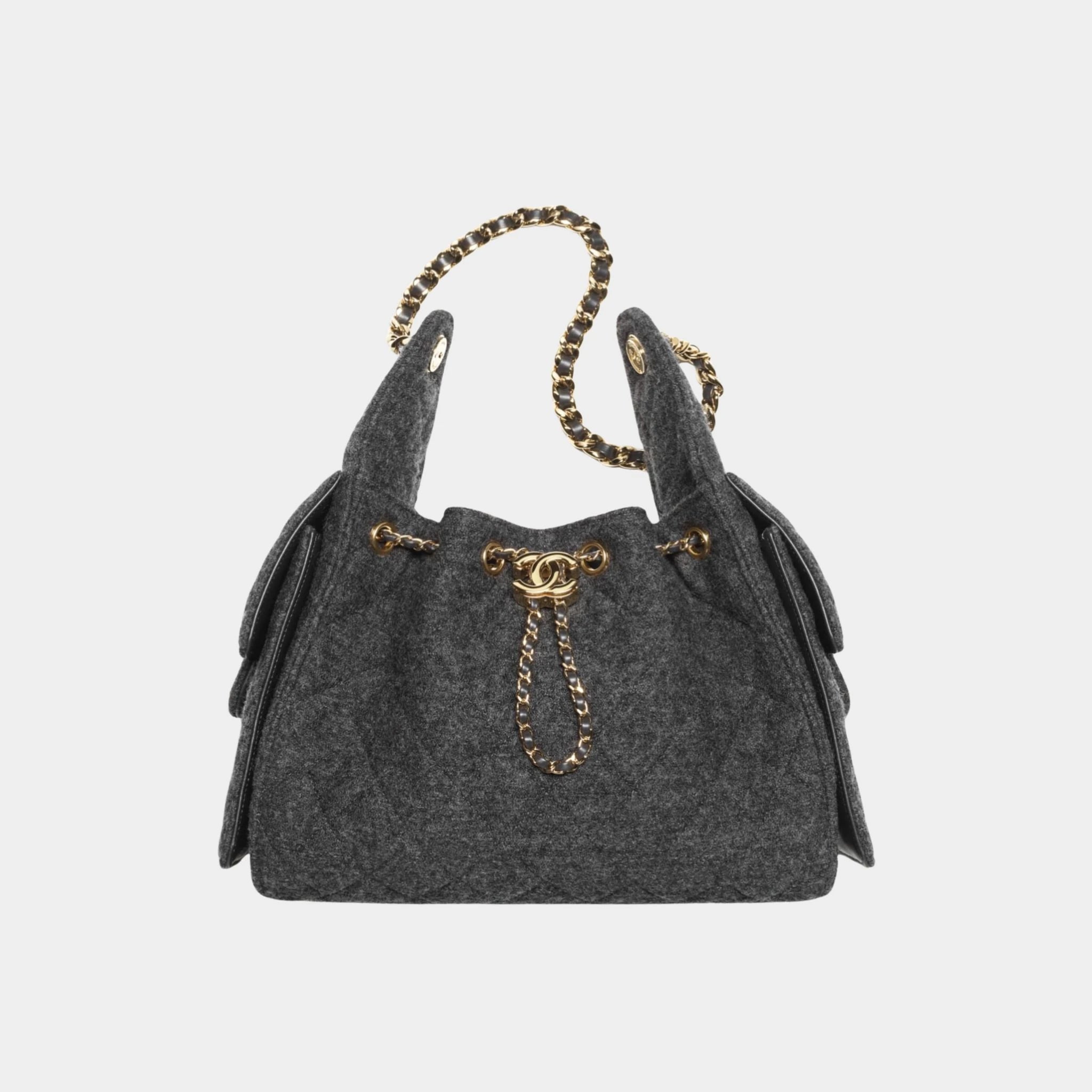 Chanel 25 Small Handbag Felt &amp; Gold-Tone Metal Dark Grey