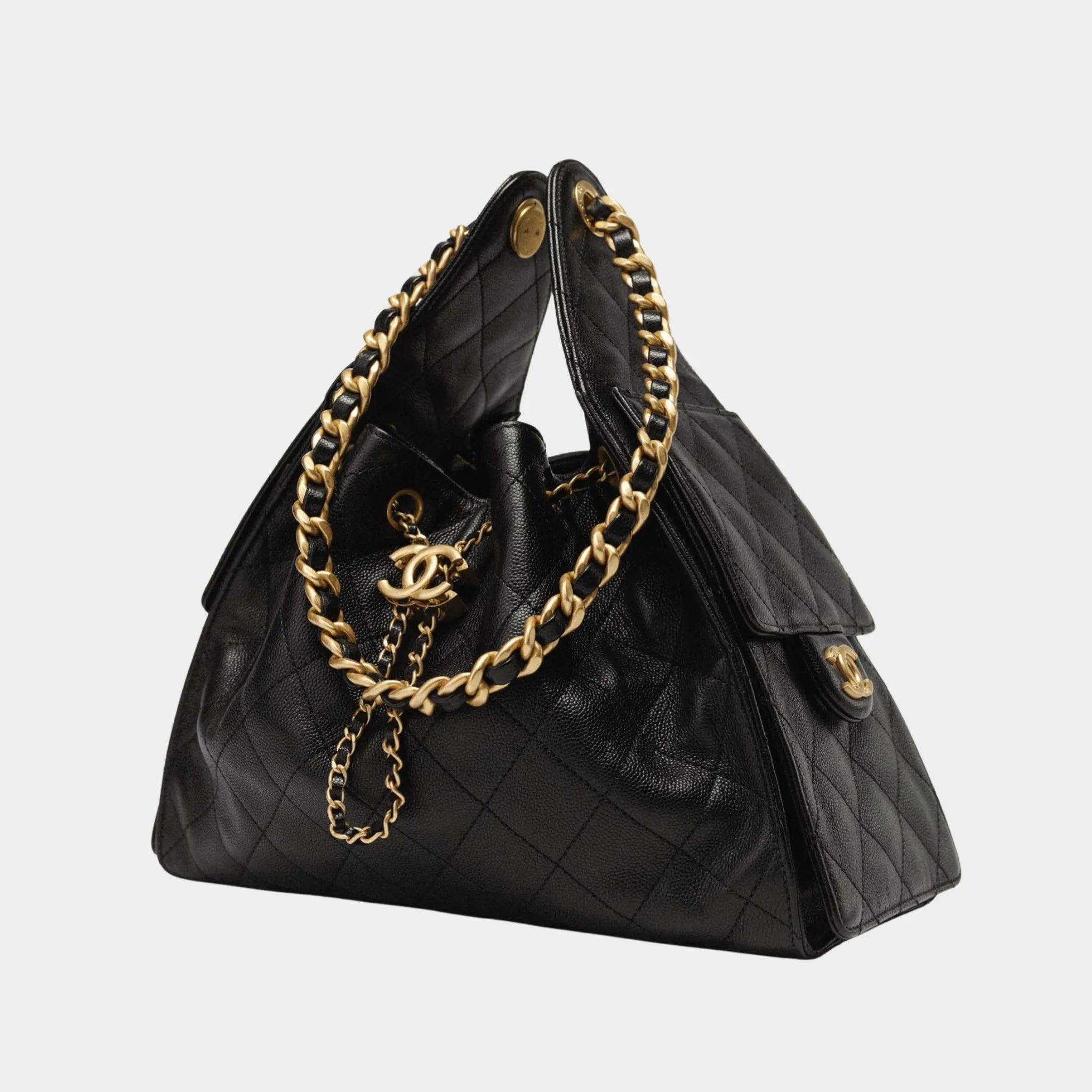 Chanel 25 Small Handbag Gained Calfskin &amp; Gold Tone Metal , Black ,Side