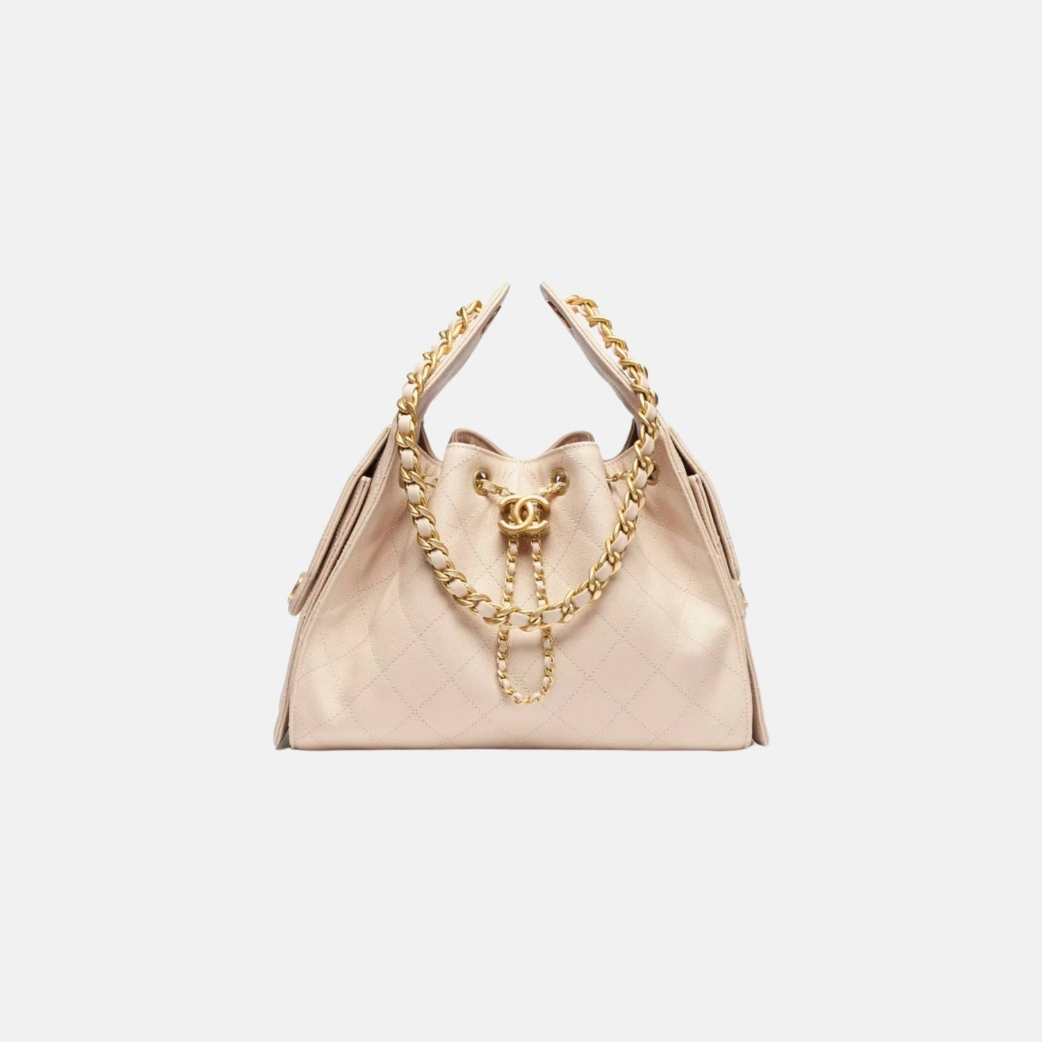 Chanel 25 Small Handbag Grained Calfskin And Gold-Tone Metal, Beige, Front