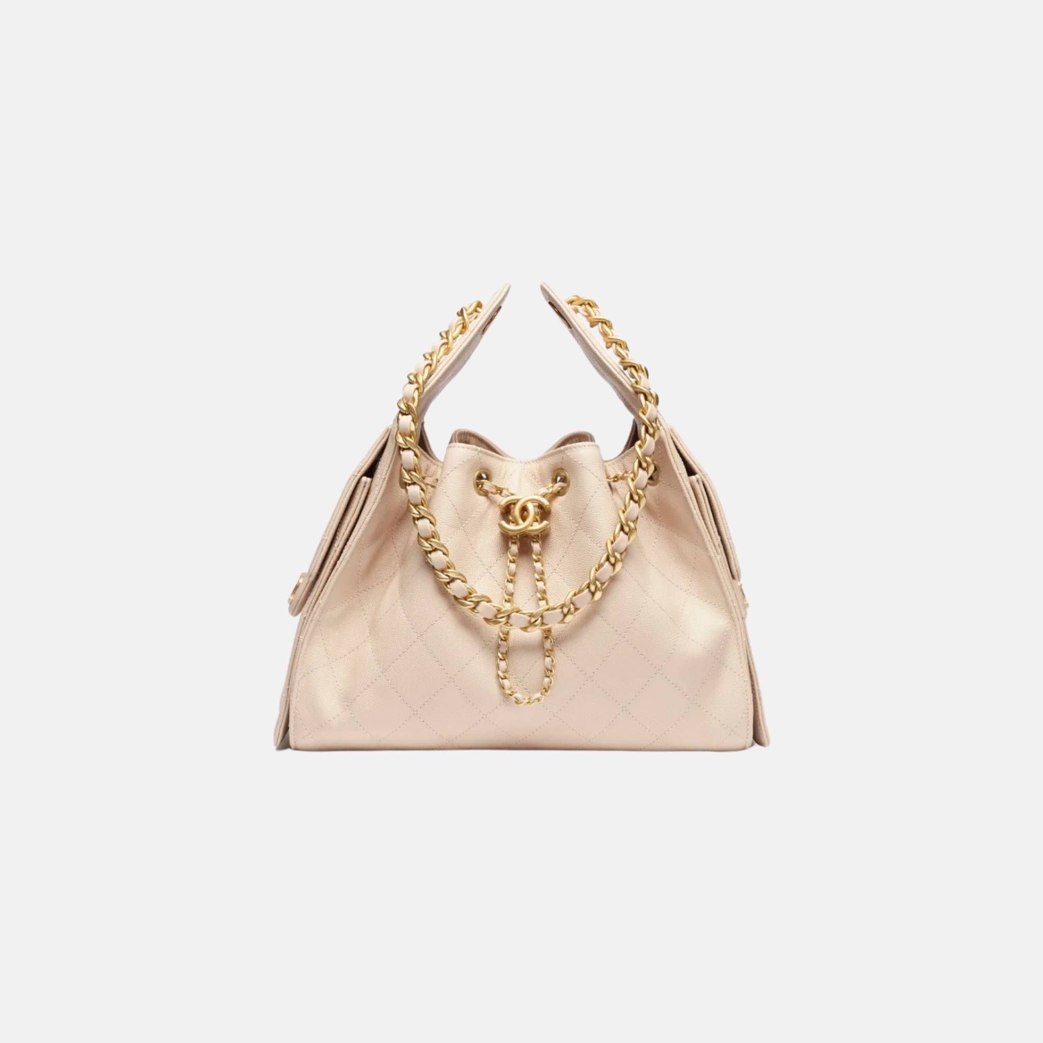 Chanel 25 Small Handbag Grained Calfskin And Gold-Tone Metal, Beige, Front