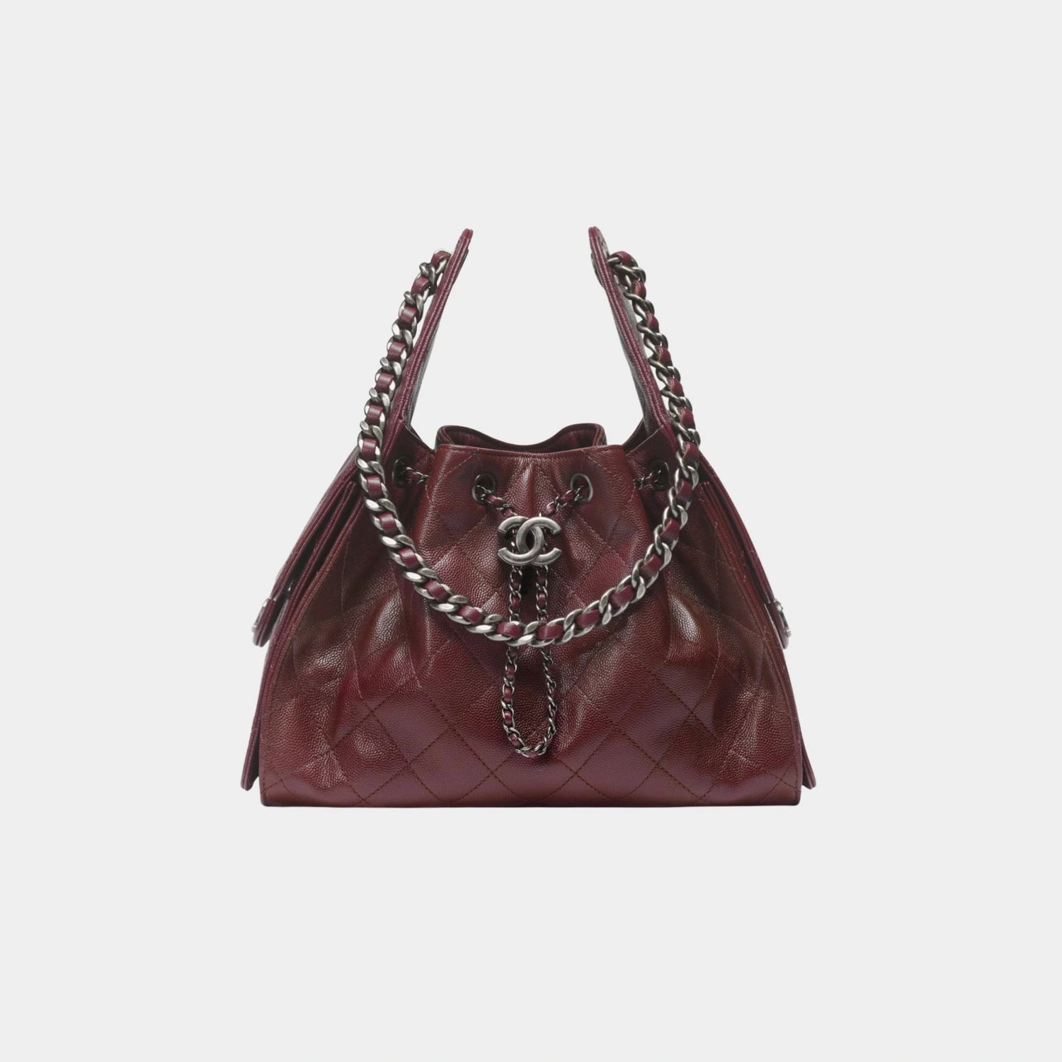 Chanel 25 Small Handbag Grained Calfskin &amp; Ruthenium Finish Metal, Dark Burgundy 