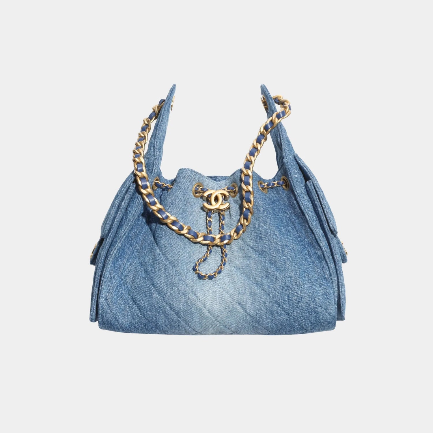 Chanel 25 Small Handbag washed denim &amp; Gold Tone Metal, Front