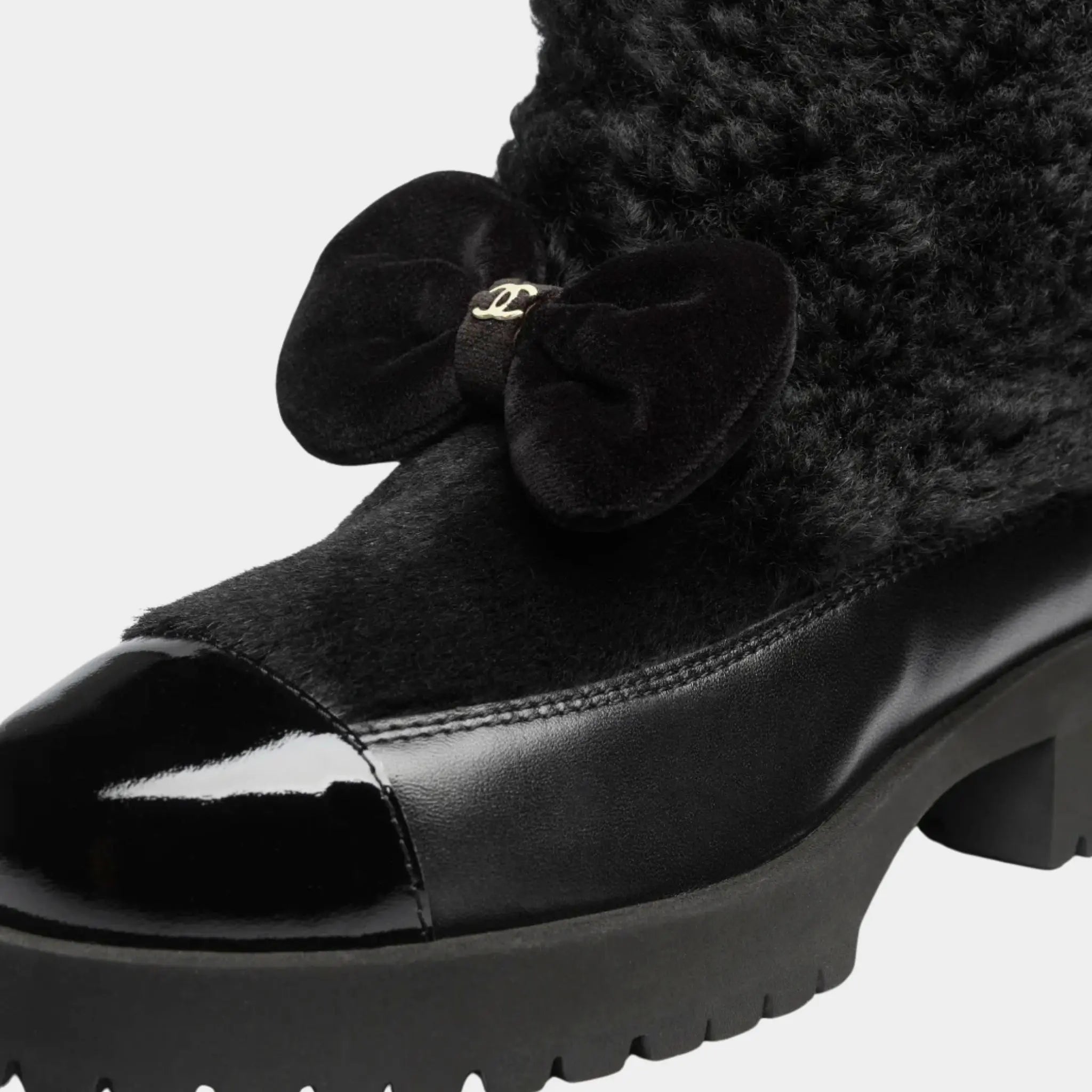 Chanel Boots Black Woolly lamb Veal Varnished Lamb &amp; Veal, Closeup