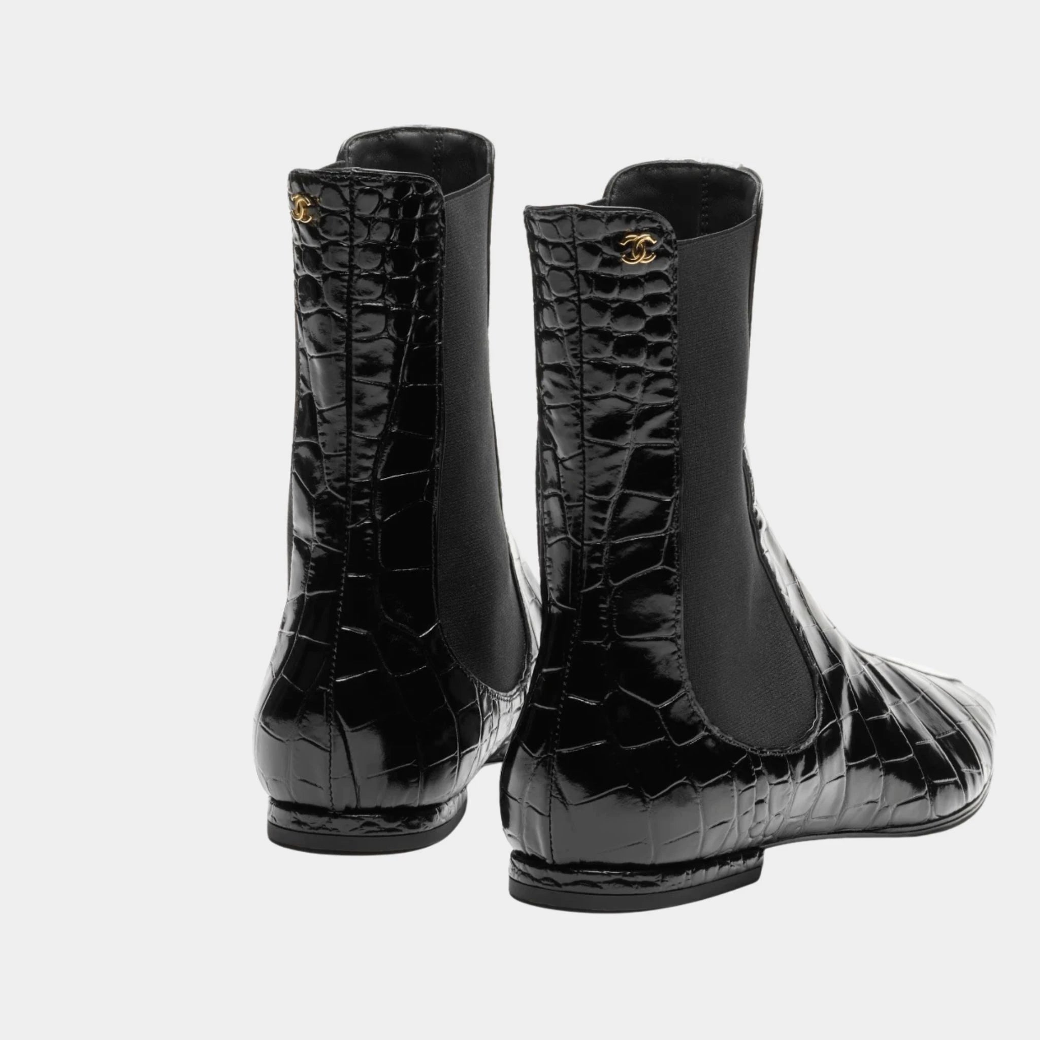 Chanel Ankle boots Crocodile-embossed calfskin &amp; patent calfskin Black &amp; white