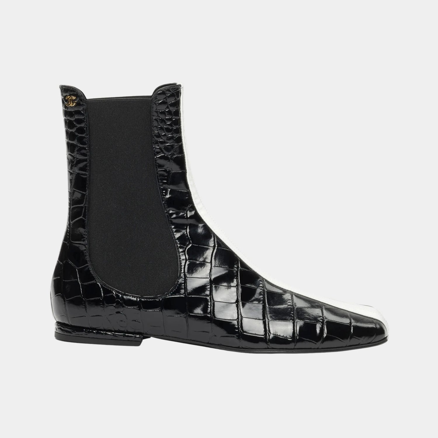 Chanel Ankle boots Crocodile-embossed calfskin &amp; patent calfskin Black &amp; white