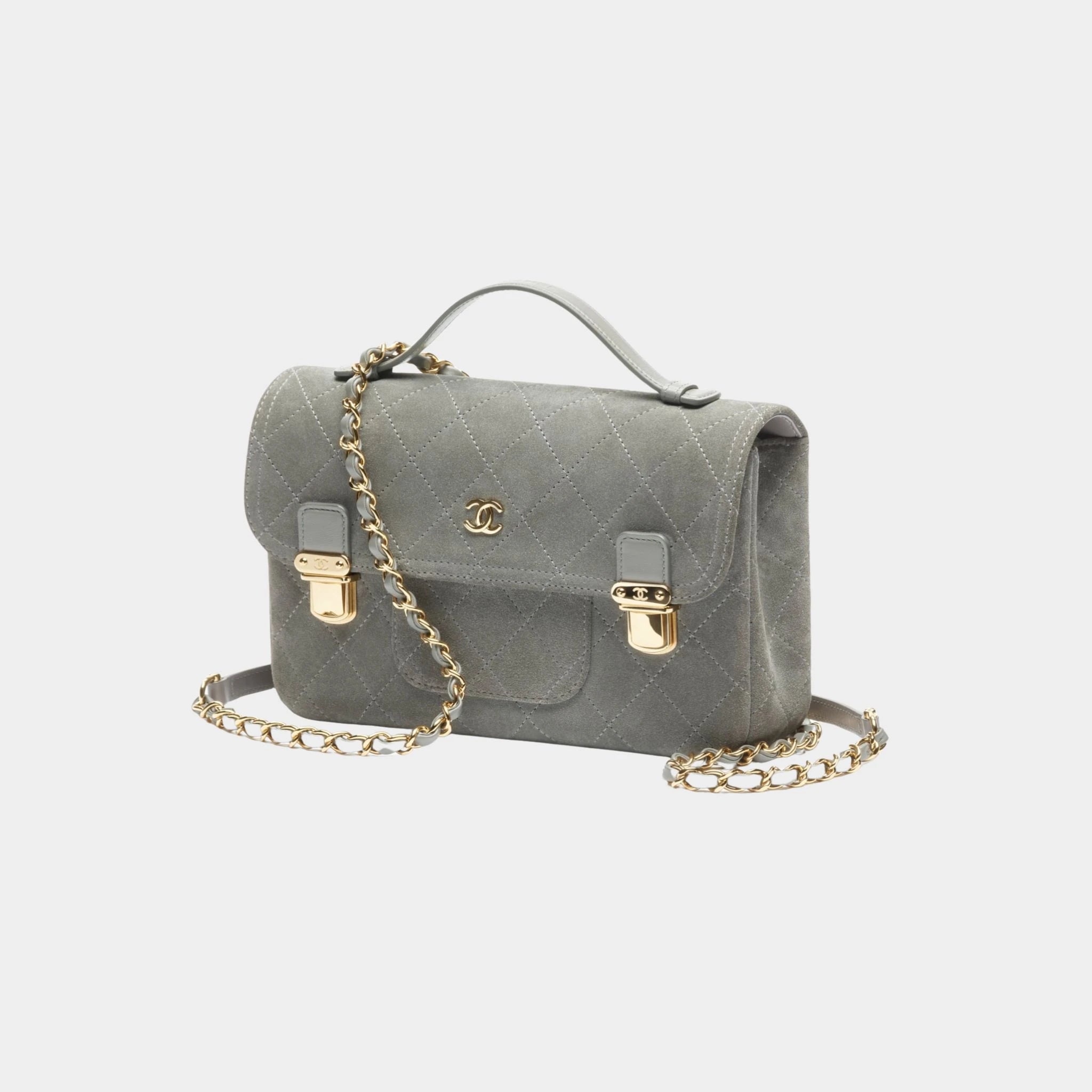 Chanel Backpack Suede Calfskin &amp; Gold Metal Dark Grey