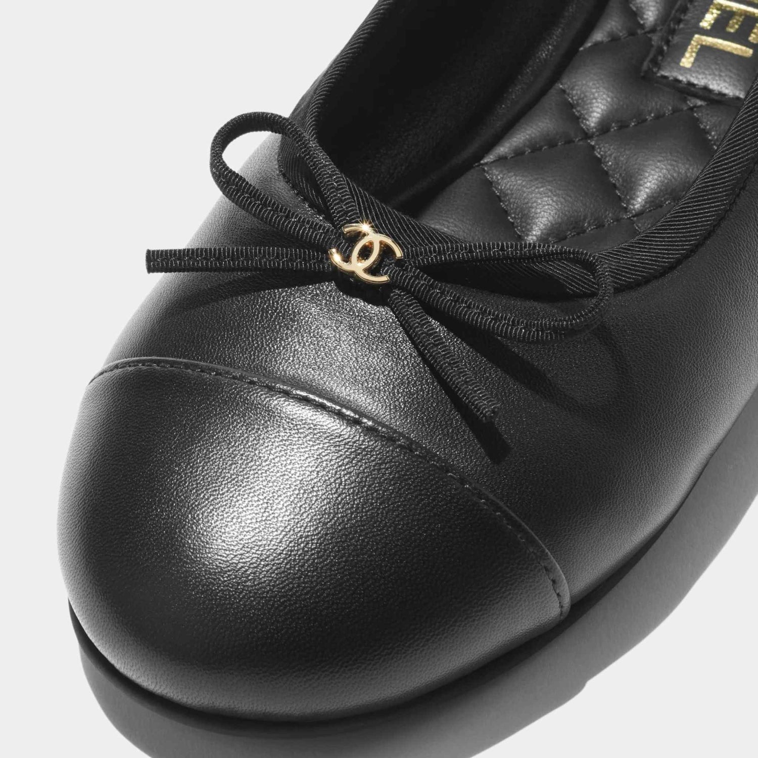 Chanel Ballet Flats Lambskin Metal Black, Closeup, Logo