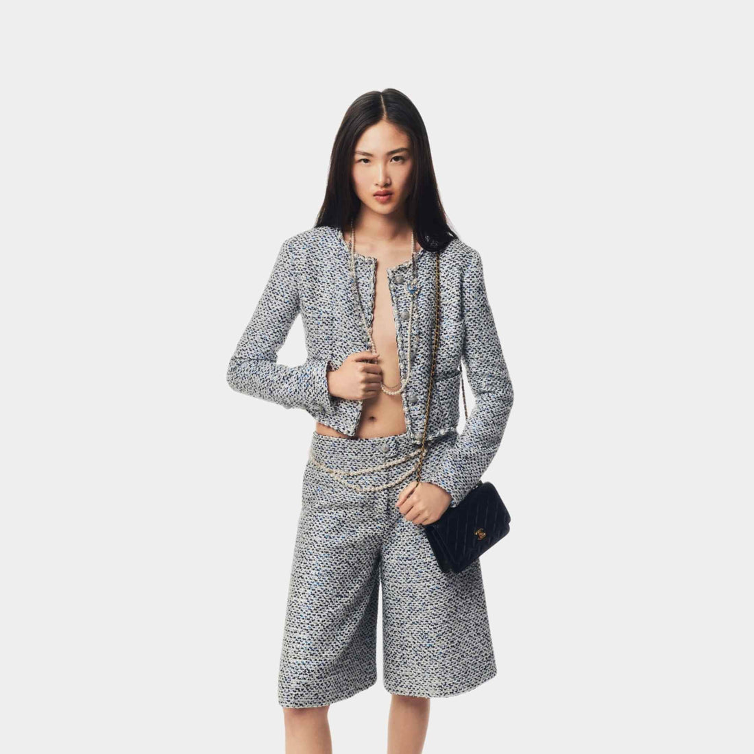 Chanel Bermuda Shorts Glittered Tweed White Blue & Black, Half