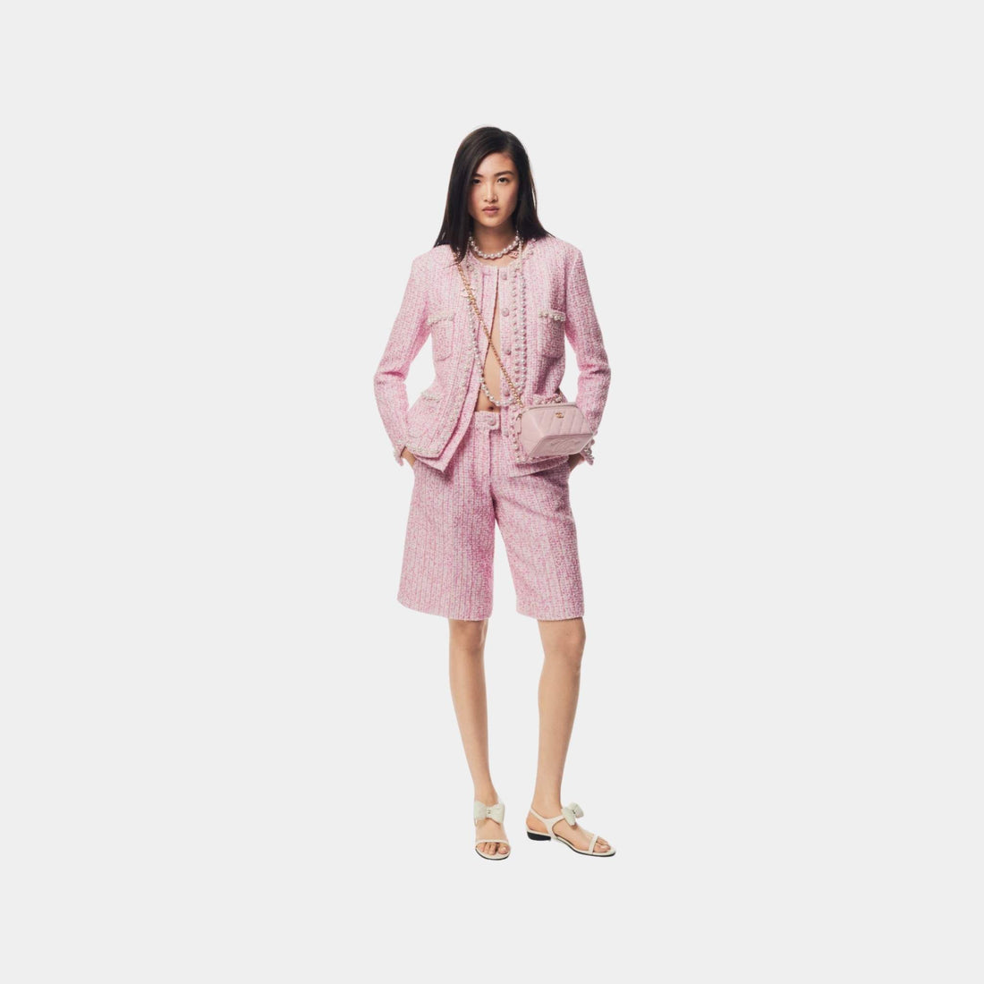 Chanel Bermuda Shorts Iridescent Cotton & Wool Tweed Pink & Ecru, Model, Full