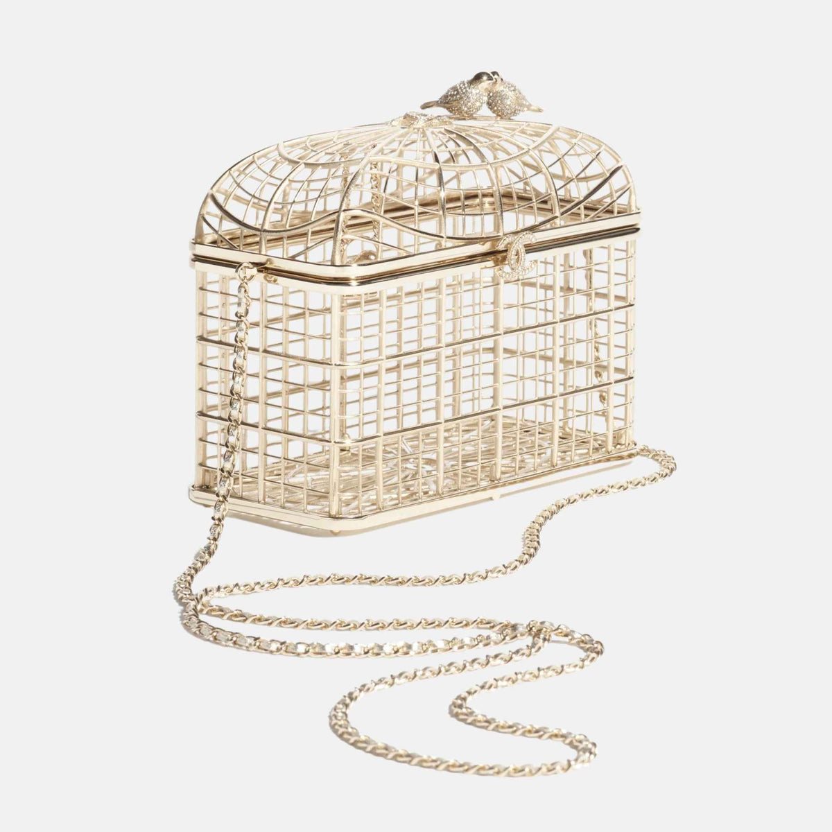 حقيبة Minaudière Birdcage من معدن ذهبي وكريستال