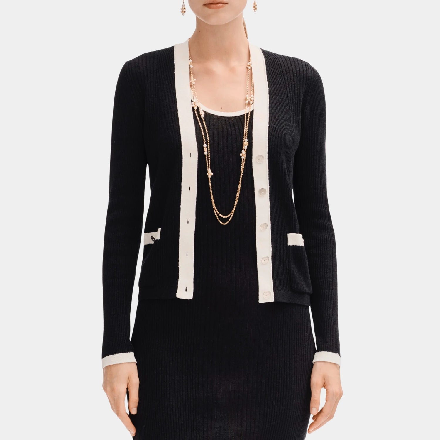 Chanel Black and White Cardigan in Linen and Cotton, Front
