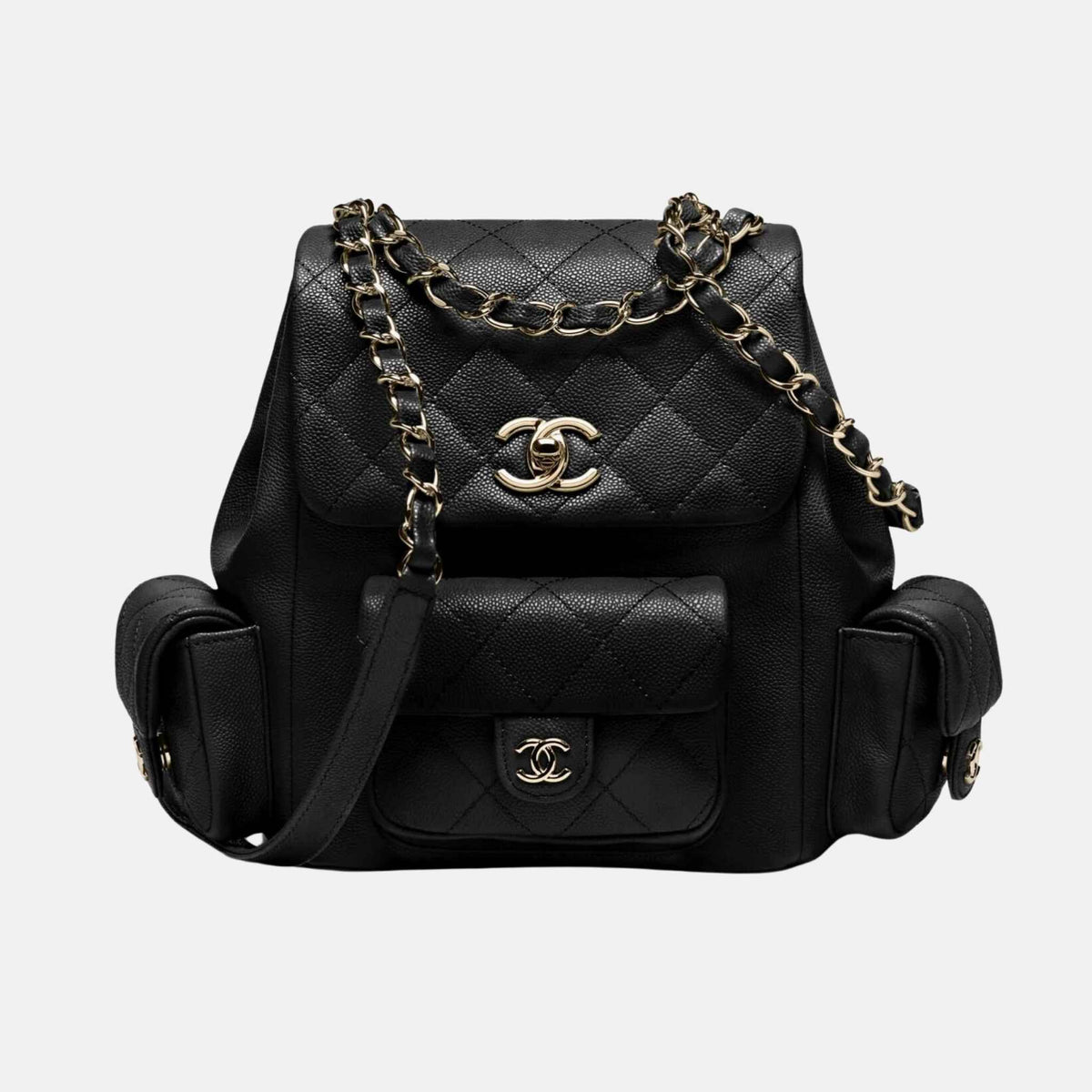 Black Backpack In Grained Shiny Calfskin And Gold Tone Metal