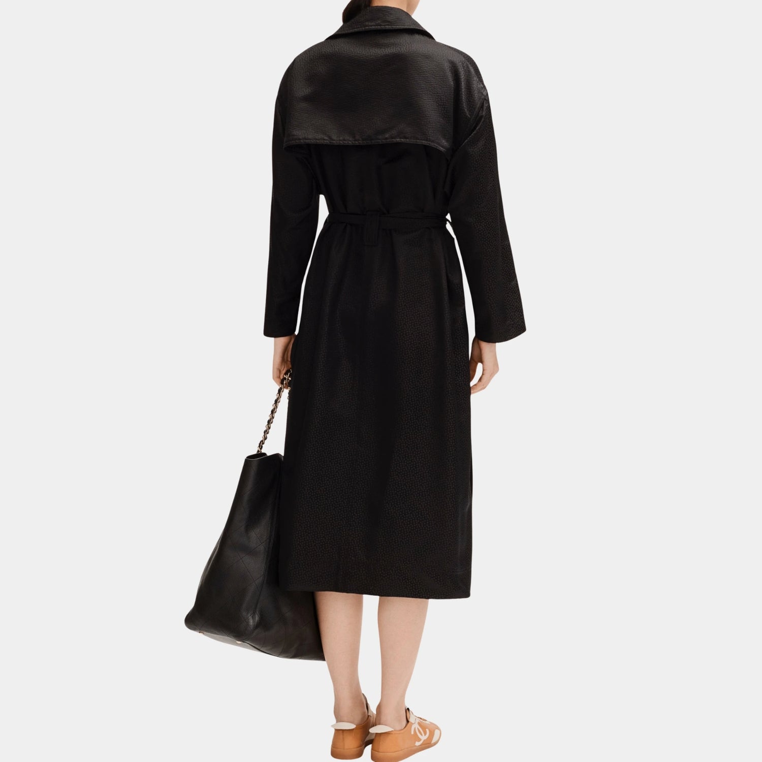 Chanel Black Trench Coat in Silk Jacquard Satin, Back