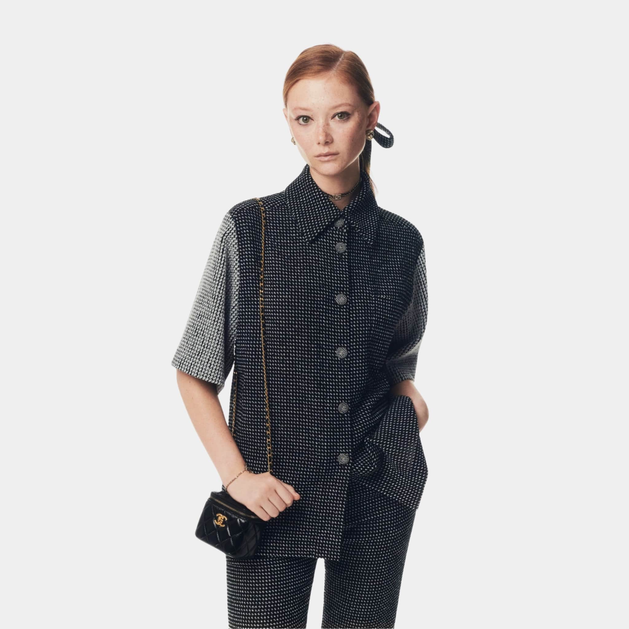 Chanel Blouse Tweed Black and White, Model, Half