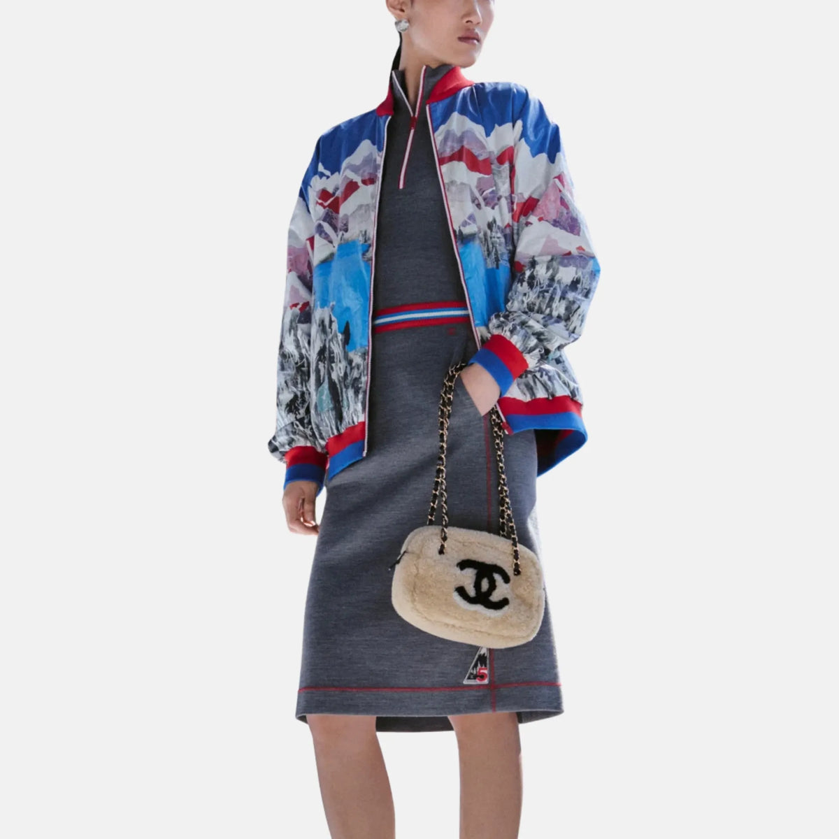 Blouson Printed Cotton Poplin in Blue, White and Red — red / Blue and White