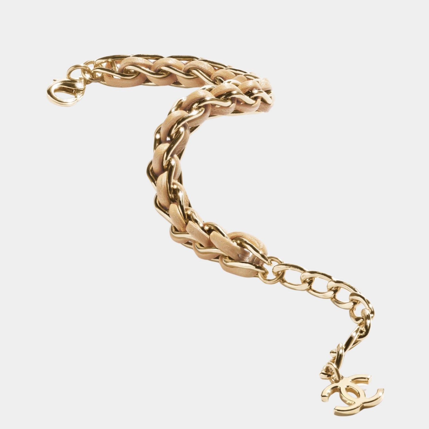 Braided Bracelet Metal &amp; Lambskin Gold &amp; Beige, Front 