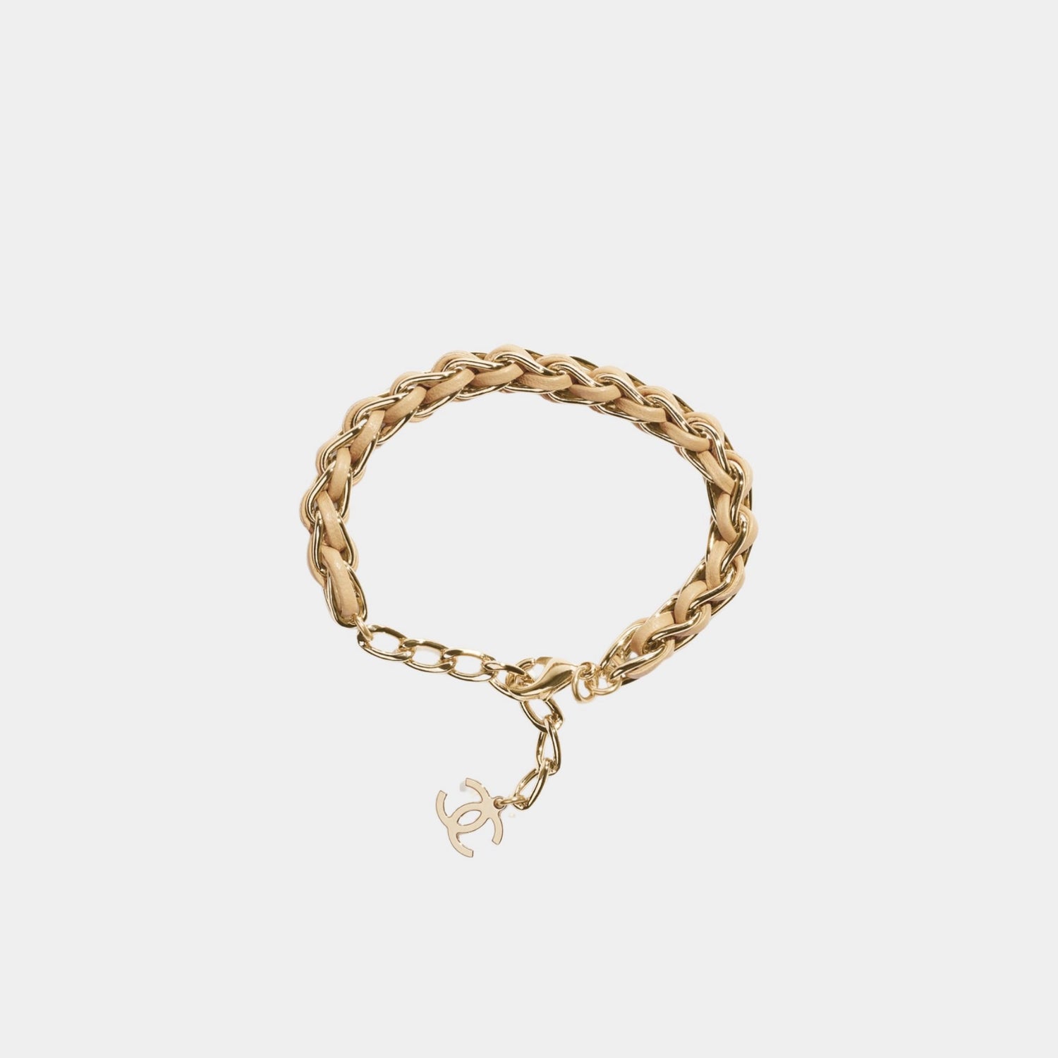 Braided Bracelet Metal &amp; Lambskin Gold &amp; Beige, Front 
