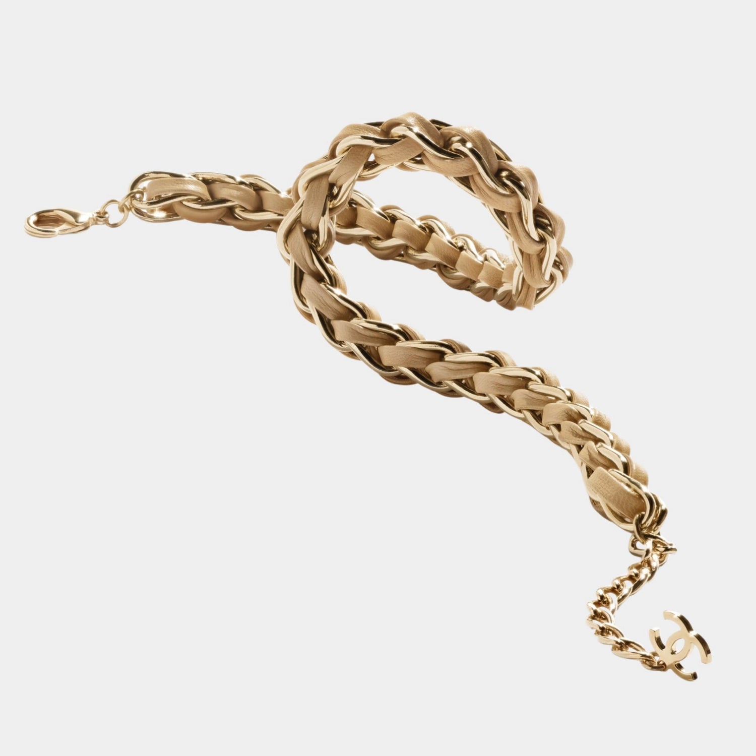 Braided Necklace Metal &amp; Lambskin Gold &amp; Beige