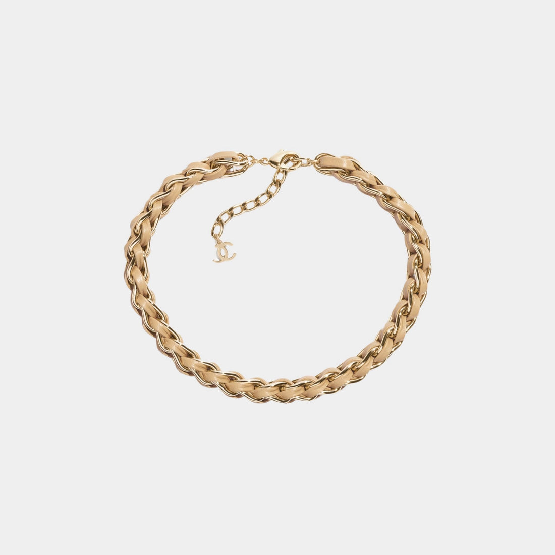Braided Necklace Metal &amp; Lambskin Gold &amp; Beige