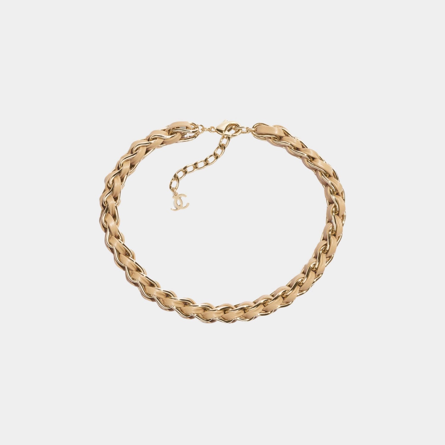 Braided Necklace Metal &amp; Lambskin Gold &amp; Beige