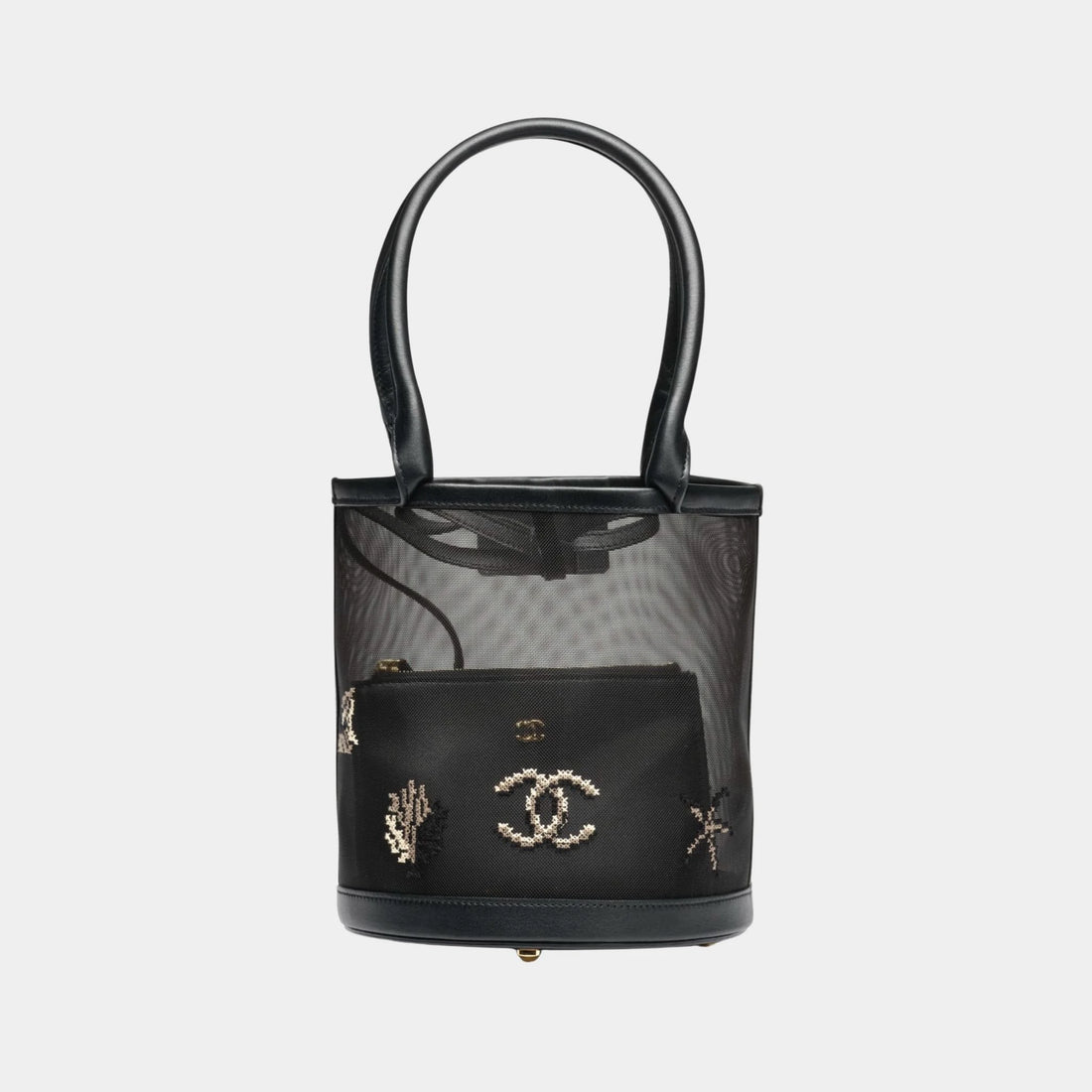 Bucket Bag Embroidered Mesh &amp; Calfskin Black