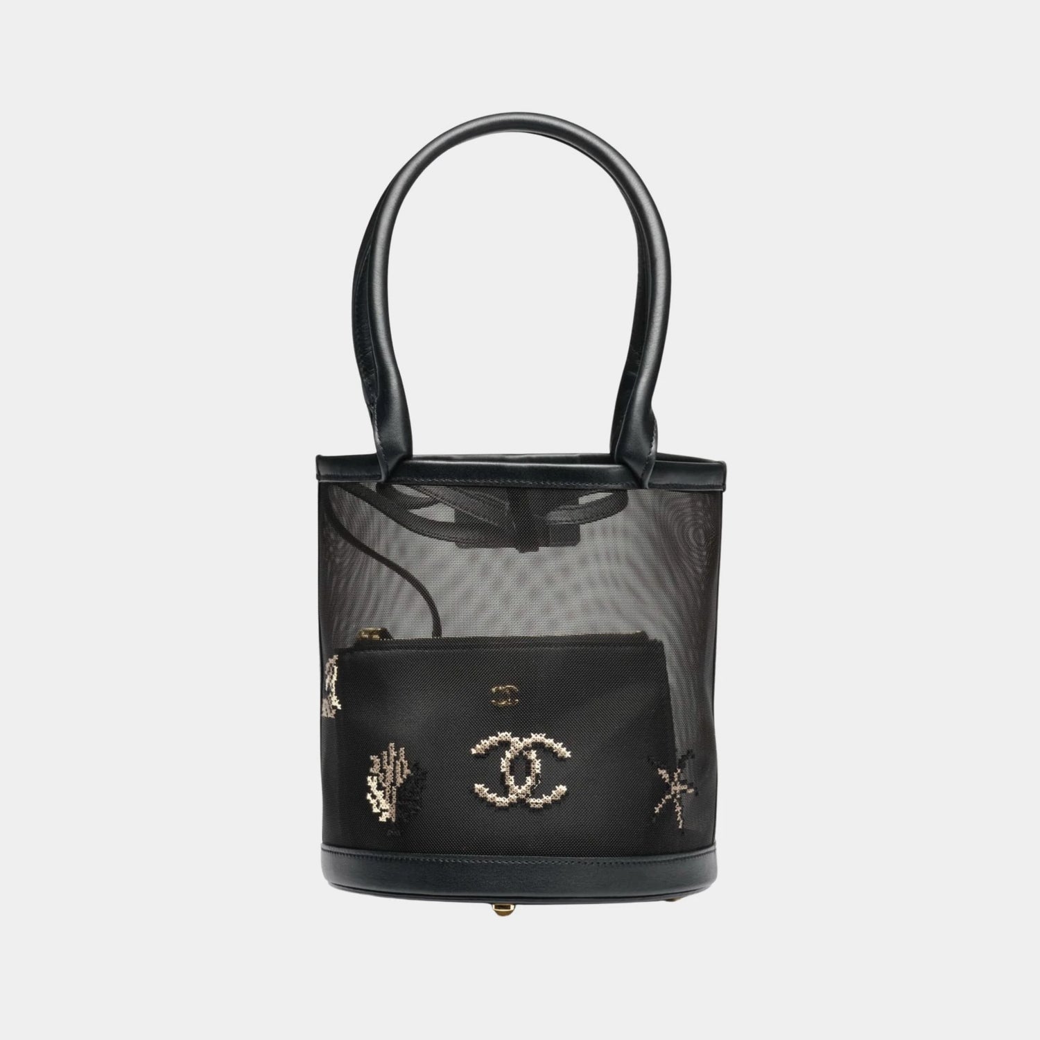 Bucket Bag Embroidered Mesh &amp; Calfskin Black