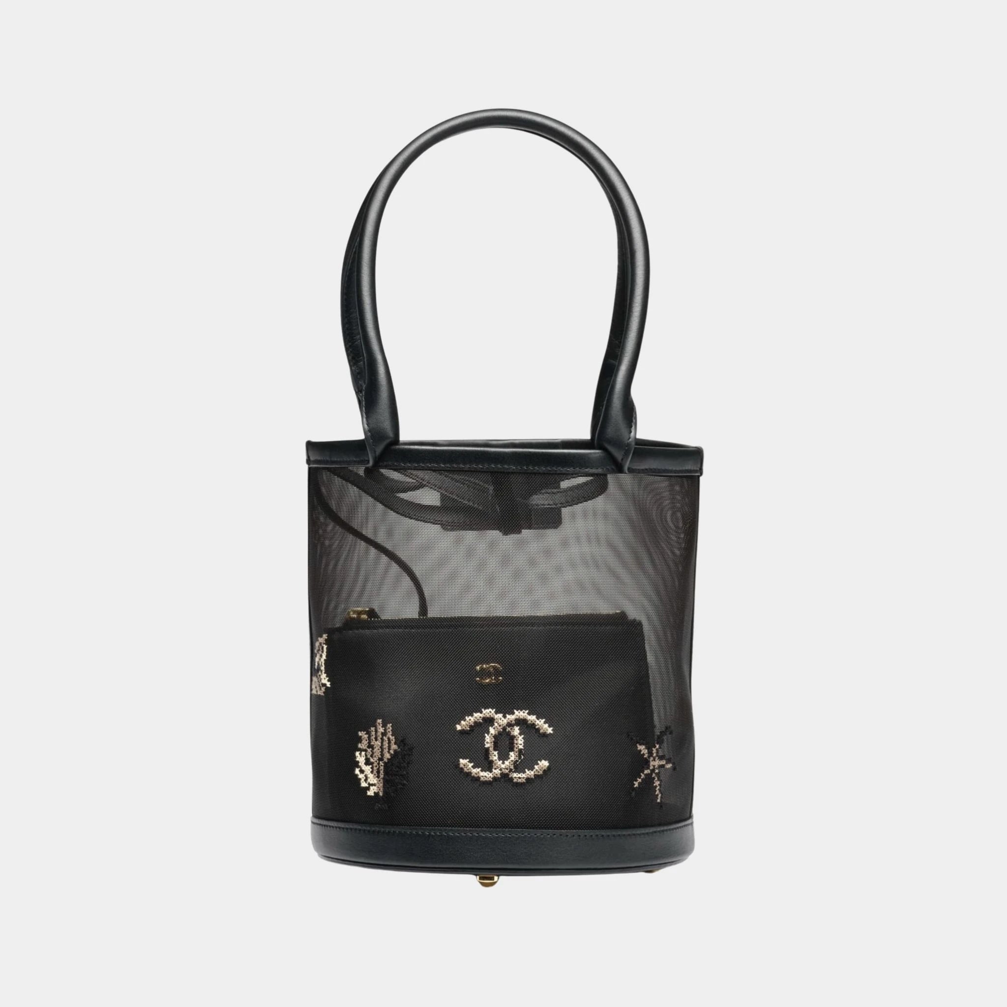 Bucket Bag Embroidered Mesh &amp; Calfskin Black