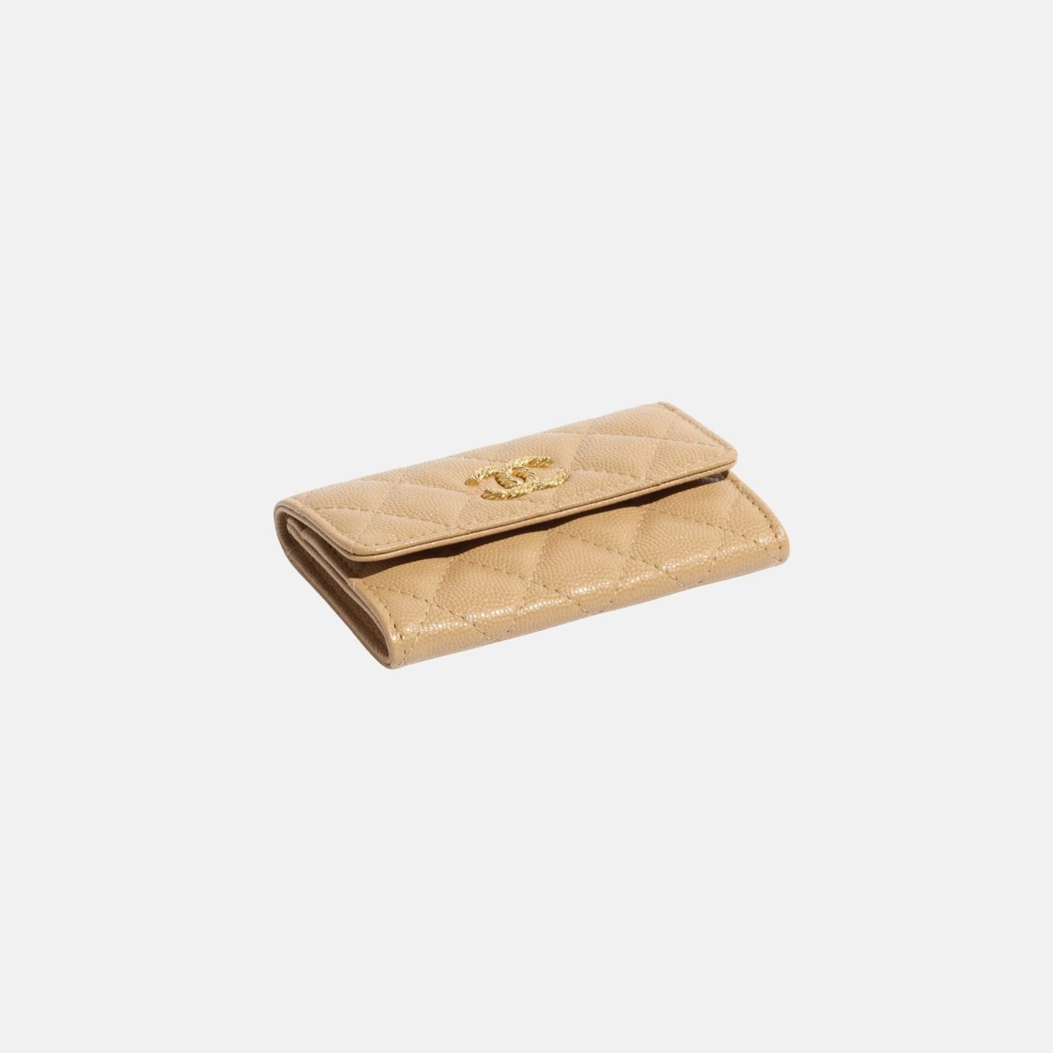 Card Holder in Shiny Grained Calfskin Dark Beige with Gold Tone Metal