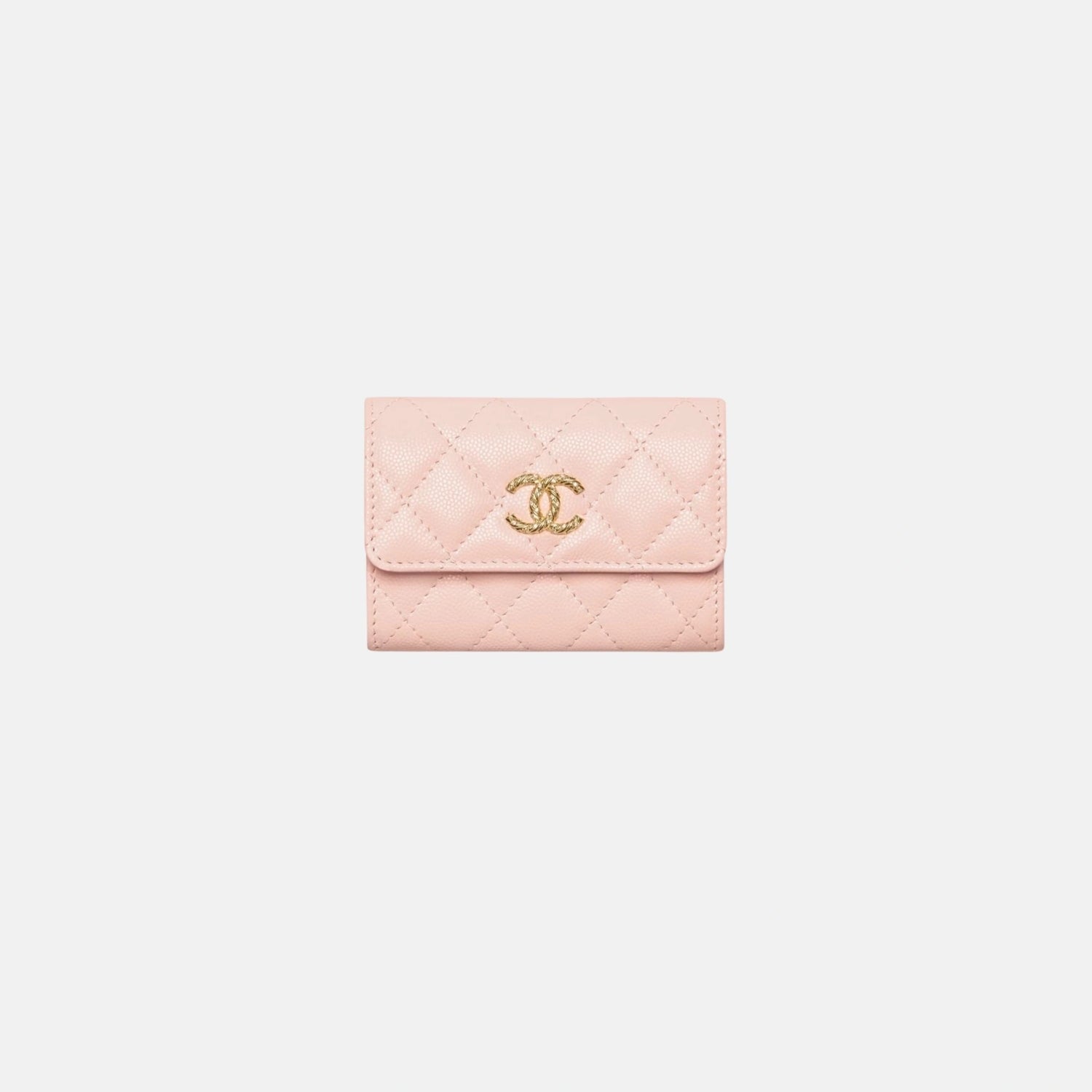 Chanel Card Holder in Shiny Grained Calfskin Strass Gold Tone Metal, Light Pink, Front