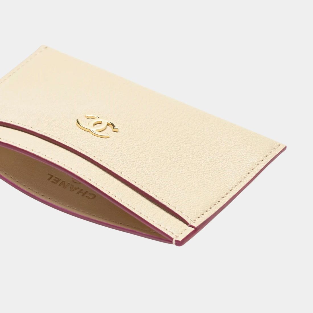 Chanel Card Holder in Grained Goatskin & Gold Metal, Beige, Front
