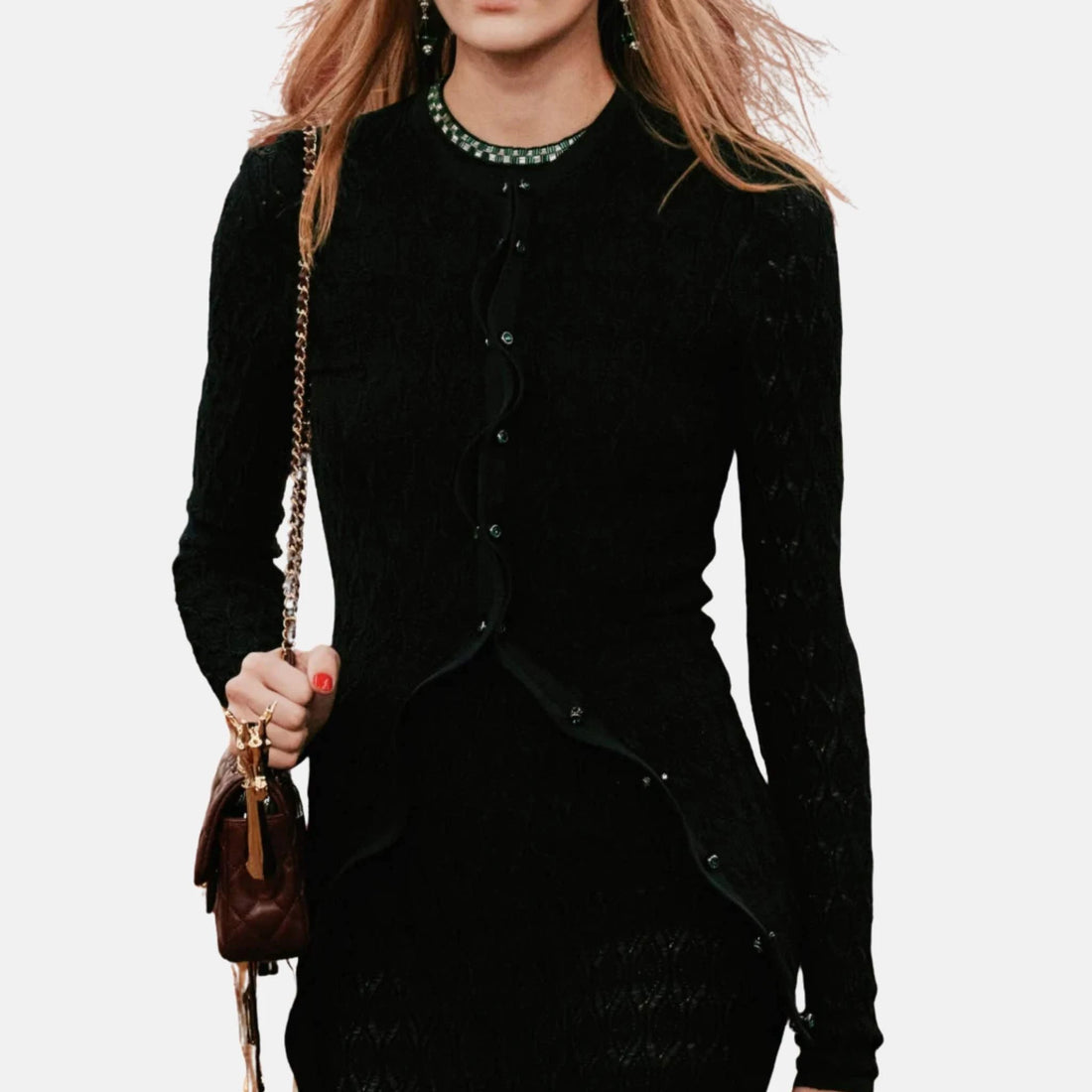 Chanel Cardigan Silk in Black Silver and Green