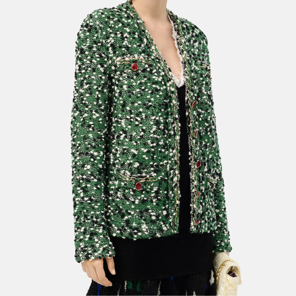 Chanel Cardigan Silk Wool Mixed Fibres in Green Black and White