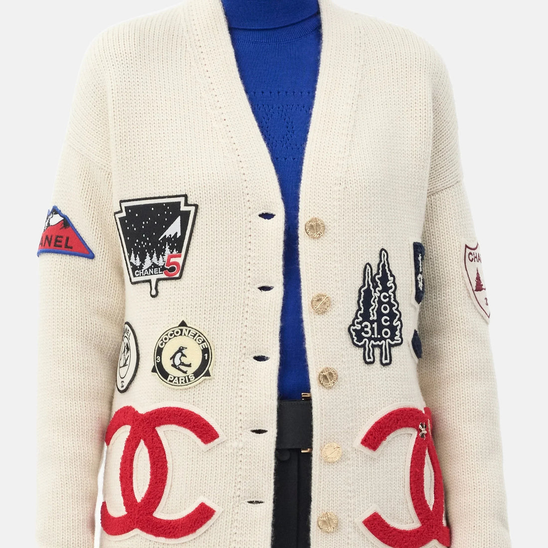 Chanel Cardigan Wool & Cashmere in Ecru and Black, Coco Neige 2026, worn front view