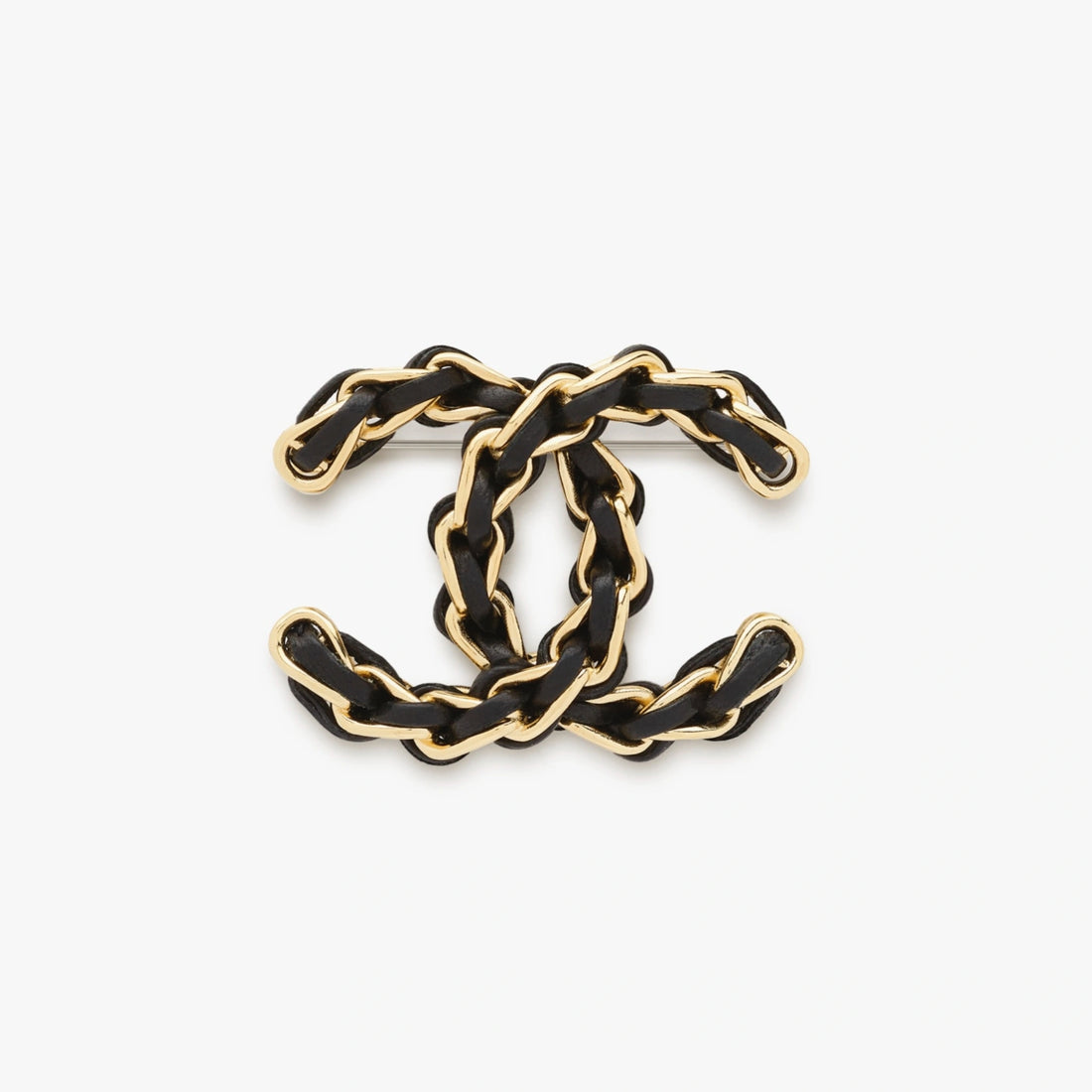 Chanel CC Chain Brooch in Gold Metal with Black Lambskin, Front